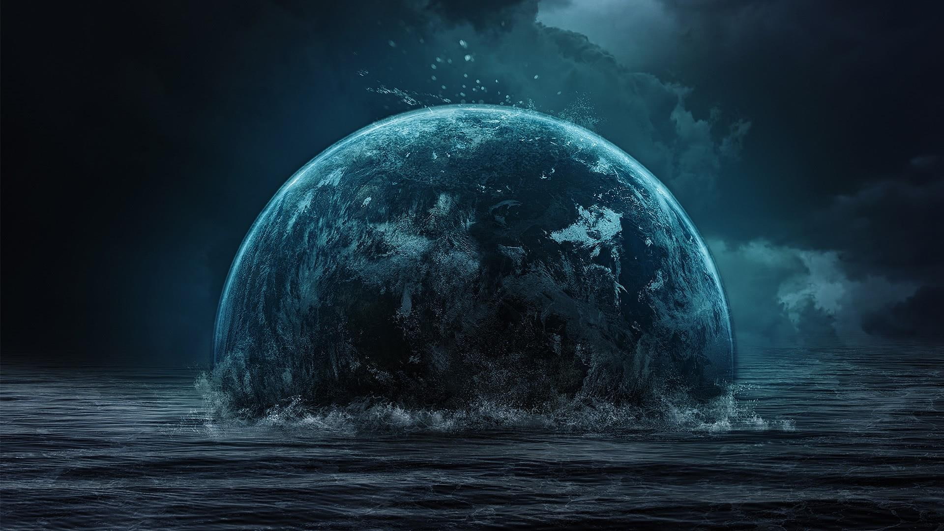 world, water, float, ocean, space art, 1080P, space, sky, blue, fantasy art, HD Wallpaper