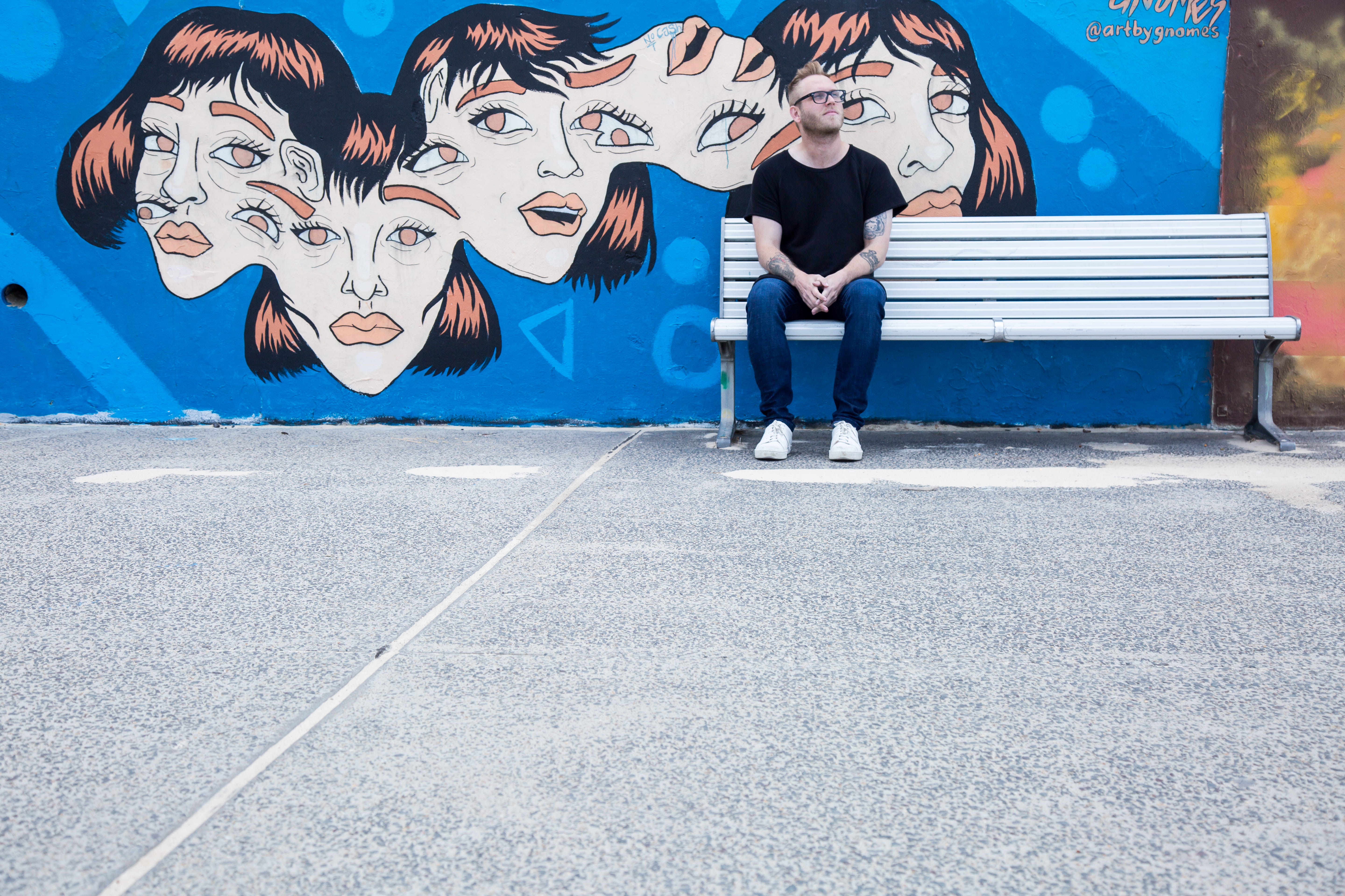 wall, young women, furniture, architecture, blue, 5K, girls, front, acrobatic, art, painting, drawing, bench, graffiti, real people, group of people, adult, HD Wallpaper