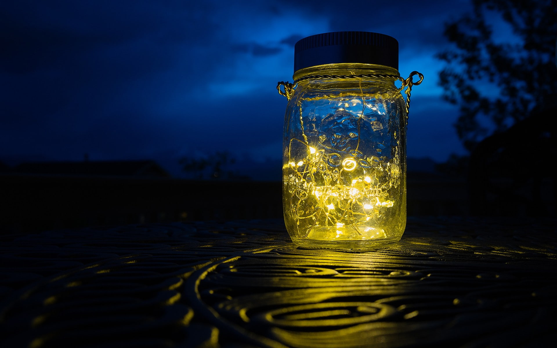 jar, sky, household equipment, close-up, still life, lights, food and drink, container, refreshment, 1080P, lamp, drink, transparent, no people, table, HD Wallpaper