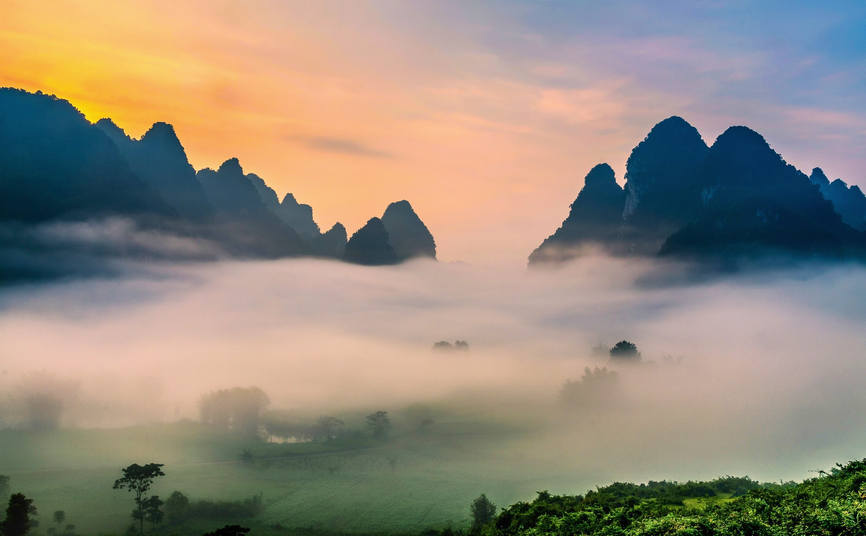 mountain peak, dawn, non-urban scene, trung khanh, plant, beauty in nature, outdoors, tree, mountain range, cao bang, tranquility, clouds, vietnam, idyllic, HD Wallpaper