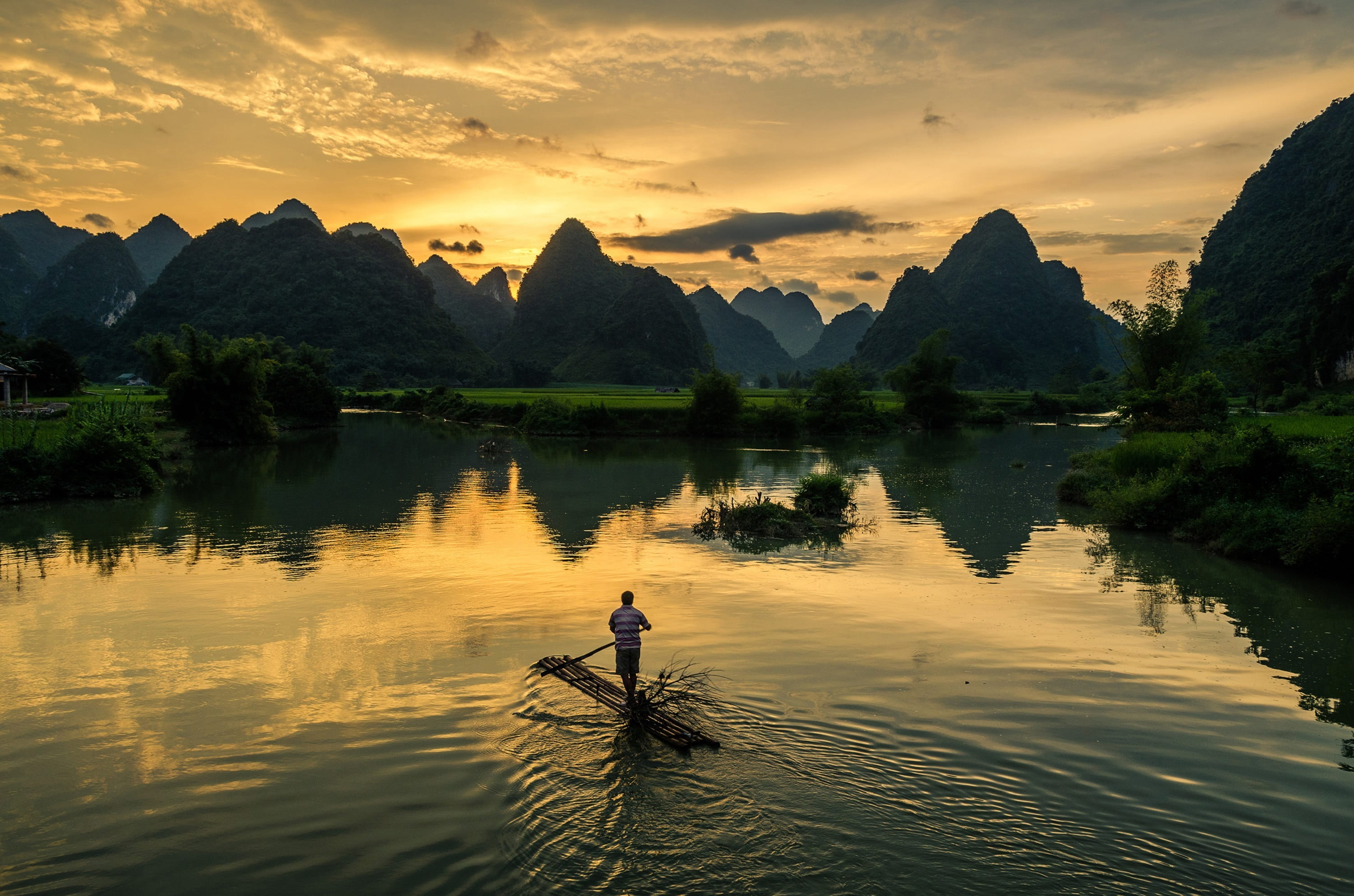 people, trung khanh district, cao bang province, sun set, beauty in nature, vietnam, tranquility, fishermen, person, water, men, mountain, cloud - sky, HD Wallpaper