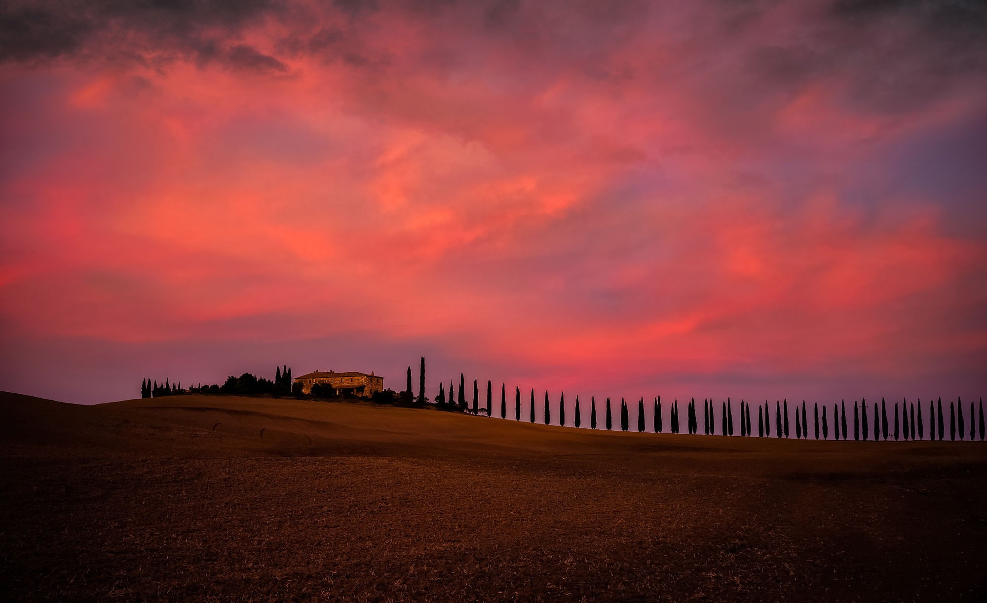 beauty in nature, dusk, environment, tranquil scene, 1080P, landscape, fence, orange color, horizon, scenics - nature, cloud - sky, sunset, Tuscany, land, HD Wallpaper