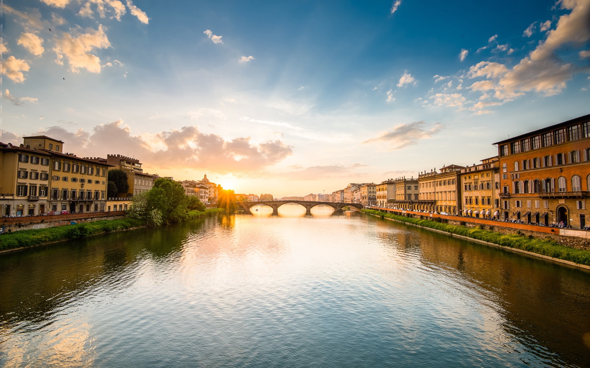 building exterior, 1080P, city, architecture, reflection, Firenze, transportation, bridge, residential district, water, cloud - sky, sunset, bridge - man made structure, HD Wallpaper