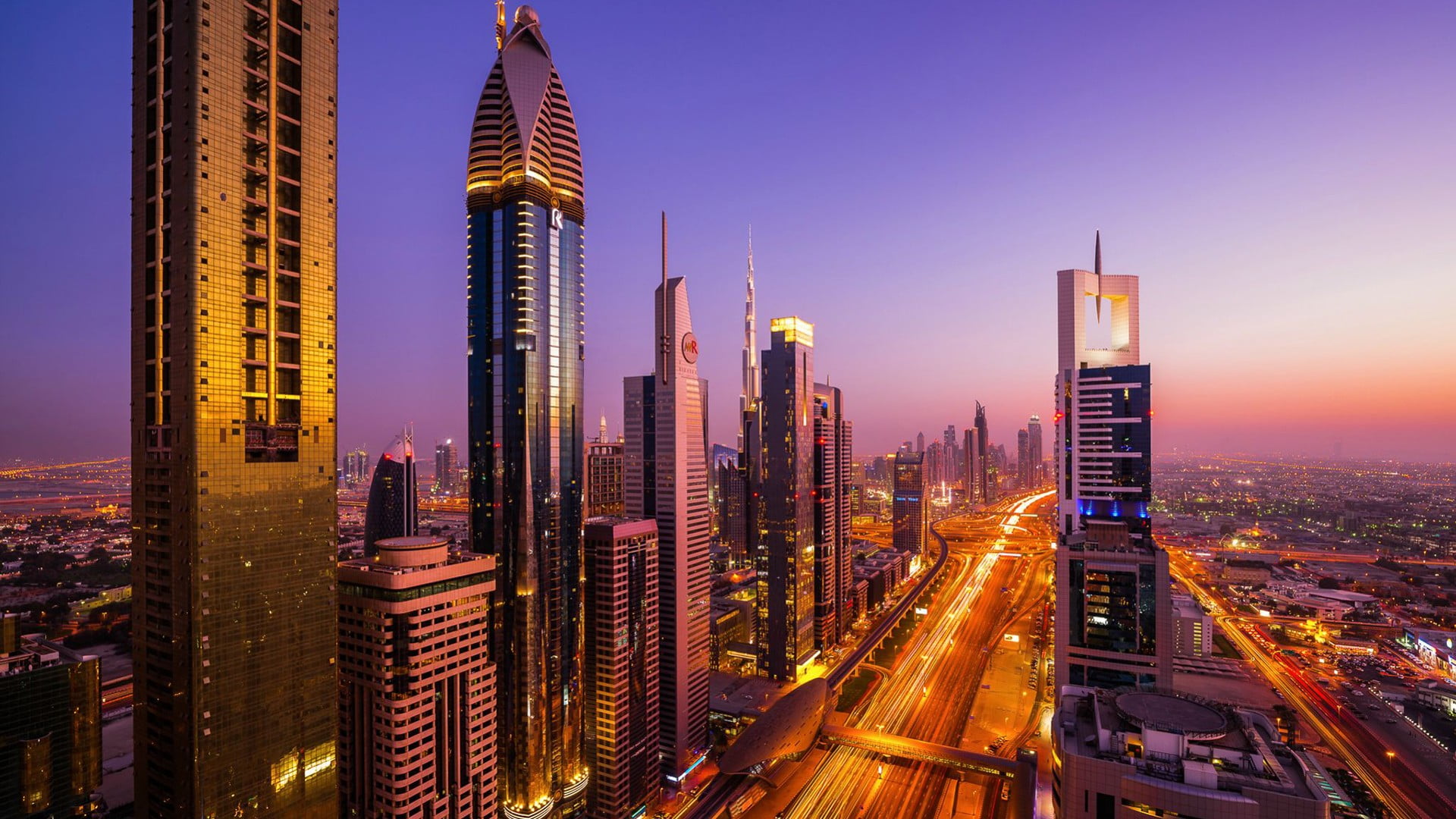 illuminated, modern, black, outdoors, street, brown, building exterior, high, sky, rise, building, city lights, city, tower, skyscraper, built structure, HD Wallpaper