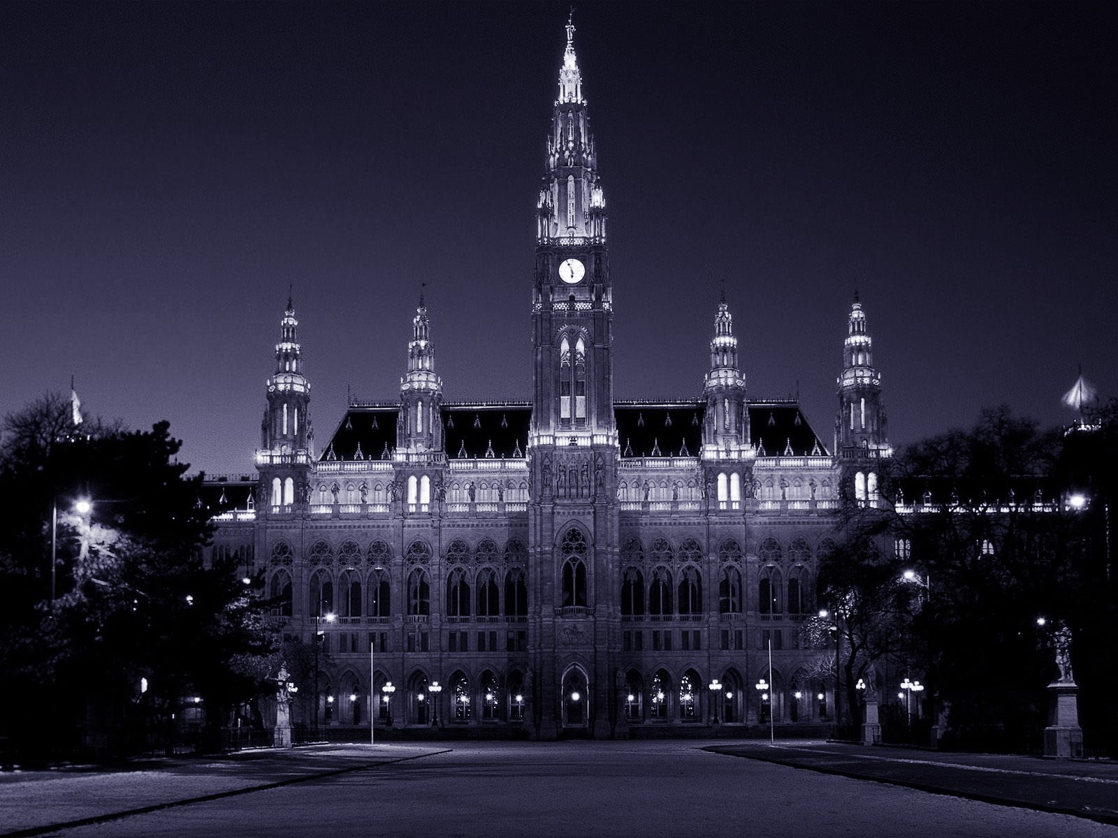 facade, sky, lights, grayscale, no people, gothic style, building, tourism, government, night, nature, architecture, illuminated, travel, Vienna, tower, HD Wallpaper