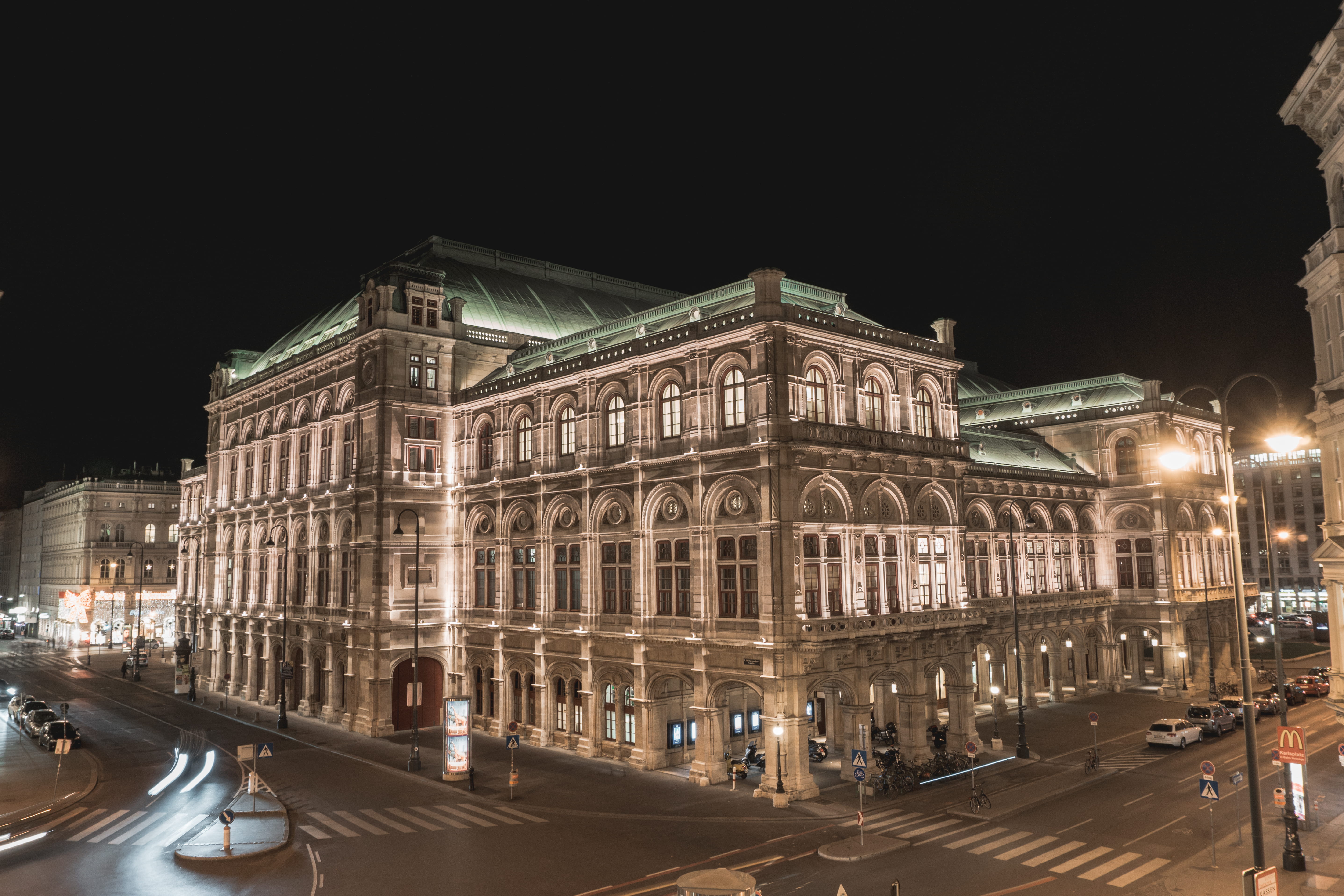 land vehicle, vienna state opera, buliding, austria, night, city, nighttime, transportation, road, street light, motor vehicle, incidental people, 5K, HD Wallpaper