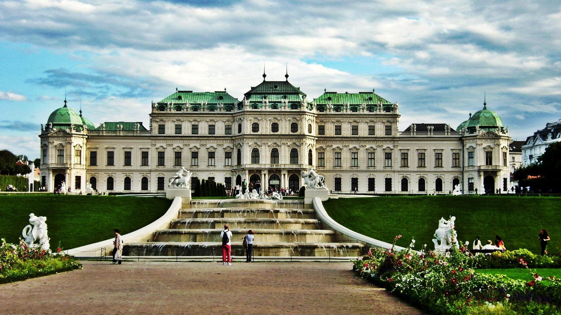 palace, museum, belvedere, vienna, grass, gallery, 1080P, austria, fountain, clouds, nature and landscapes, HD Wallpaper