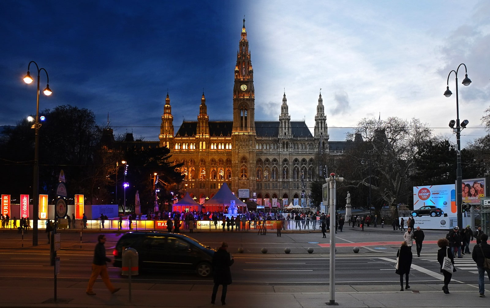 tree, street light, real people, men, Vienna, city, tower, architecture, 720P, built structure, group of people, building, night, illuminated, nature, HD Wallpaper