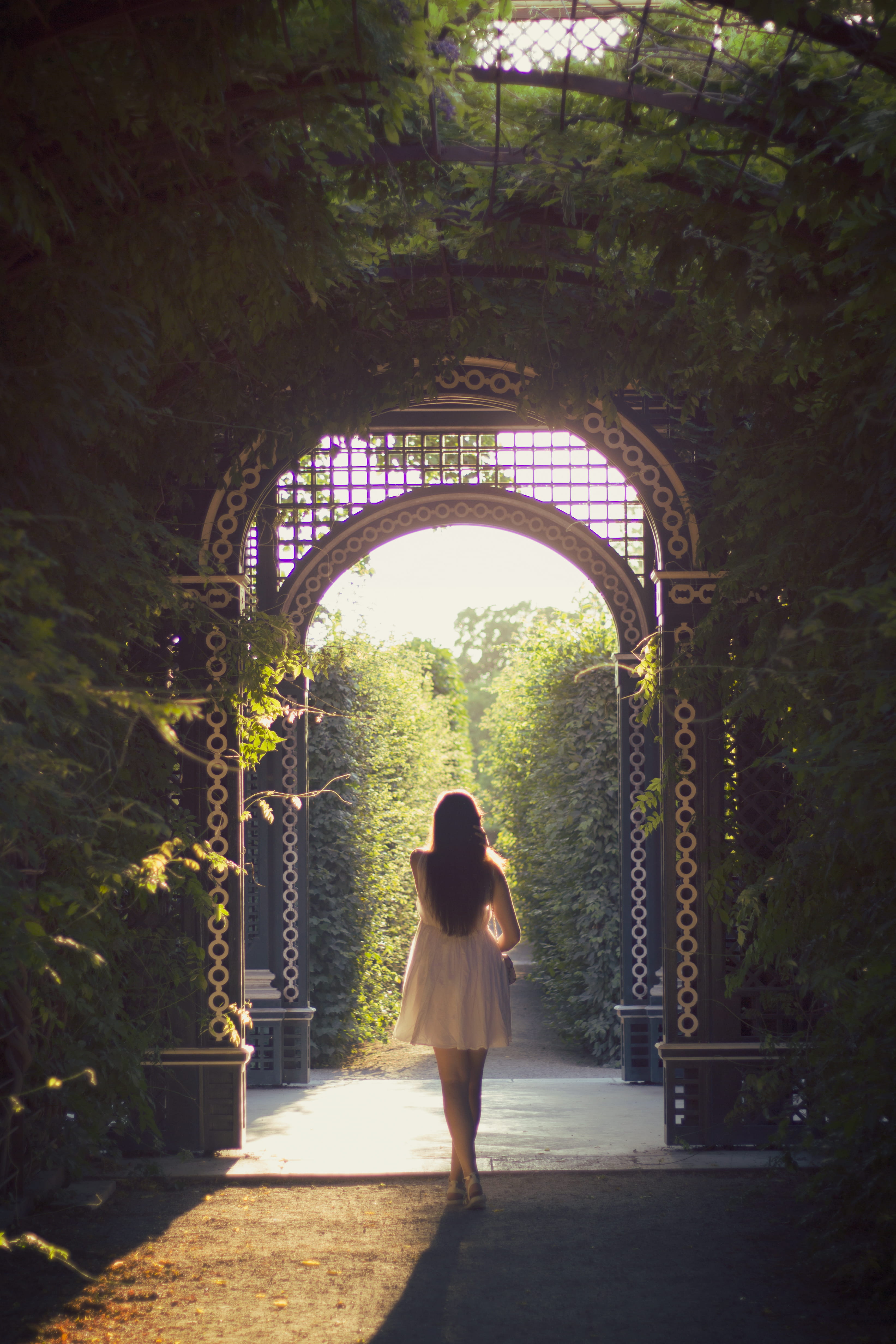 pathway, young women, garden, standing, light, outdoors, patio, alone, porch, the way forward, hairstyle, gate, clothing, leisure activity, fashion, day, Phone HD Wallpaper