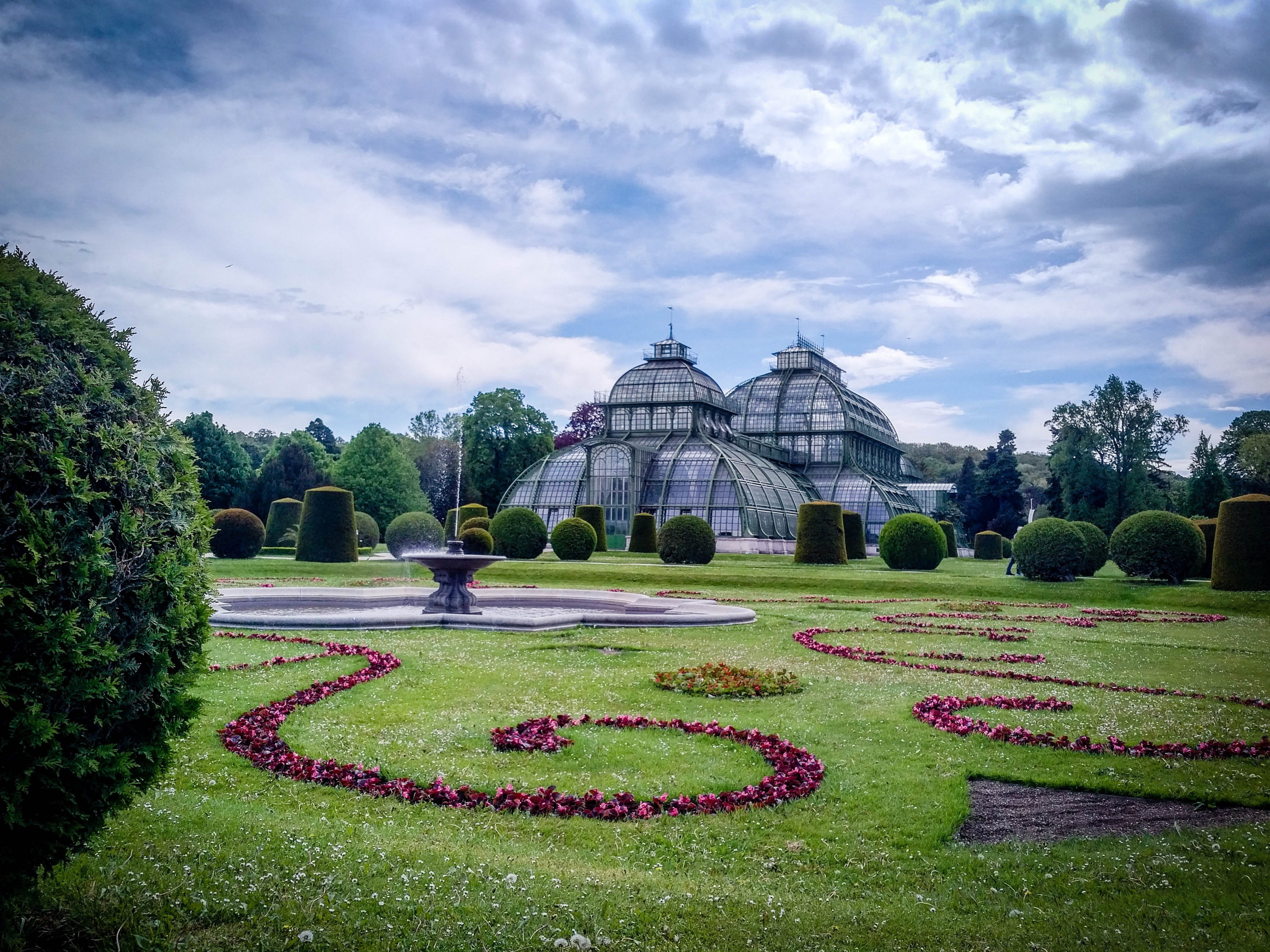 lawn, 4K, no people, ornamental garden, Palm House, outdoors, formal garden, places of interest, palm house, architecture, Vienna, green color, glass construction, HD Wallpaper
