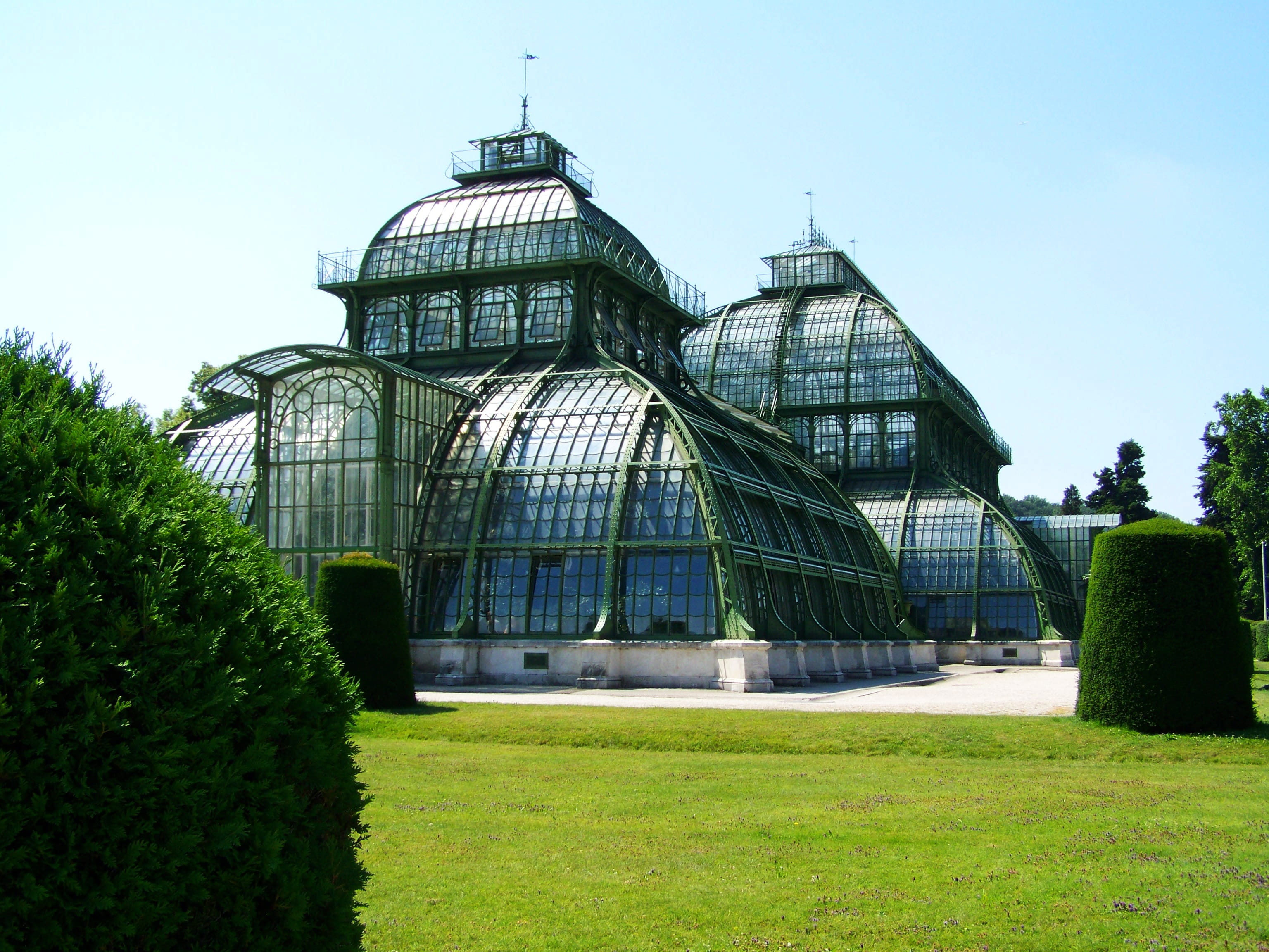 grass, sport, day, clear sky, no people, Schönbrunn, soccer, plant, growth, blue, glass - Material, nature, 2K, Palm House, green Color, dome, palm house, HD Wallpaper