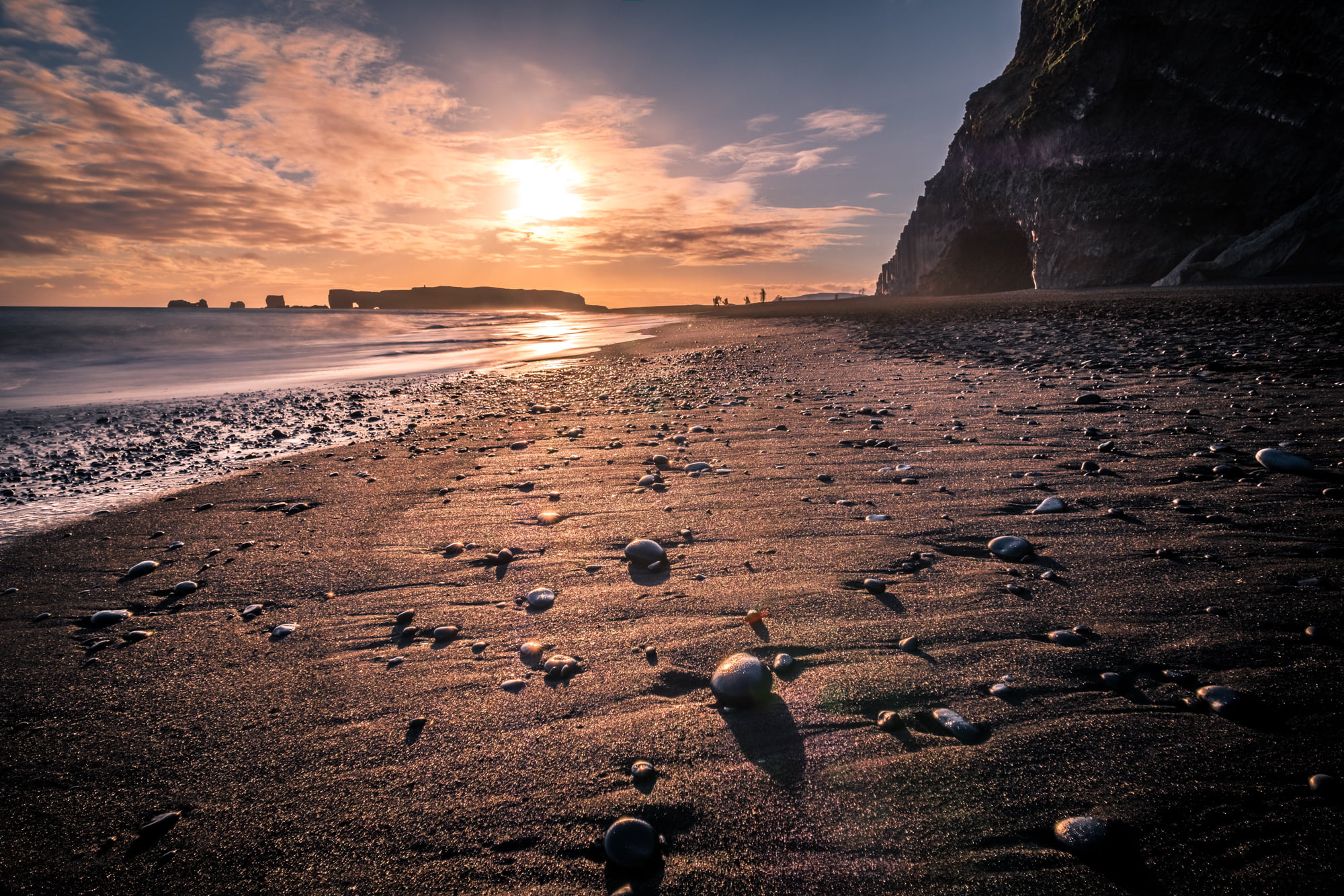 sunset, Travel photography, ocean, 1080P, Black Sand Beach, noontime, Iceland, seascape, sea, rocks, Reynisfjara, near, photography, landscape, sand, nature, HD Wallpaper
