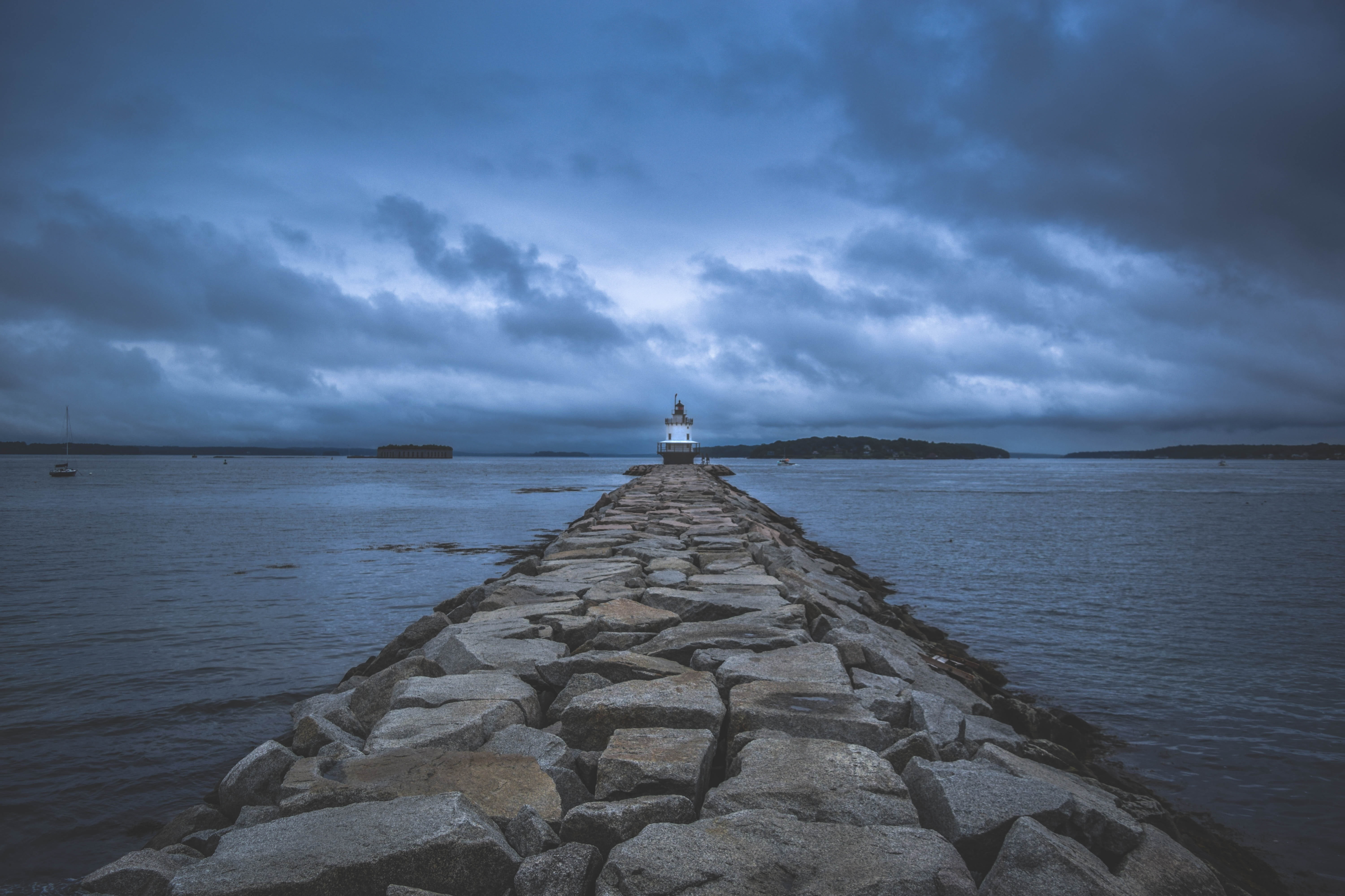 scenics - nature, storm cloud, tranquil scene, pathway, tranquility, the way forward, scenics, cloudy, groyne, rock - object, outdoors, ocean, horizon over water, HD Wallpaper
