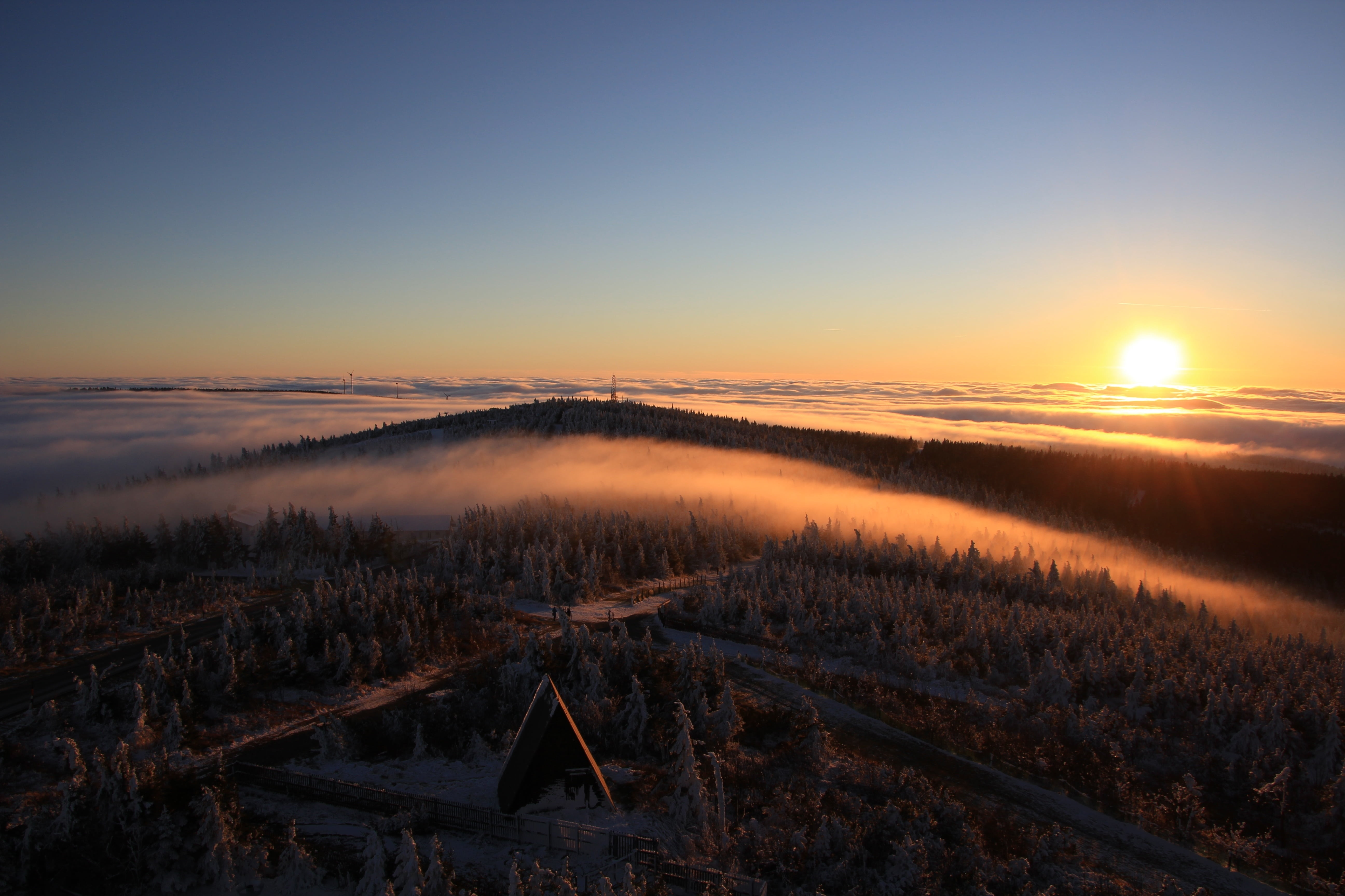ore mountains, green, saxony, non-urban scene, small fichtelberg, landscape, winter, cold, aerial, sunset, beauty in nature, environment, horizon, lens flare, HD Wallpaper