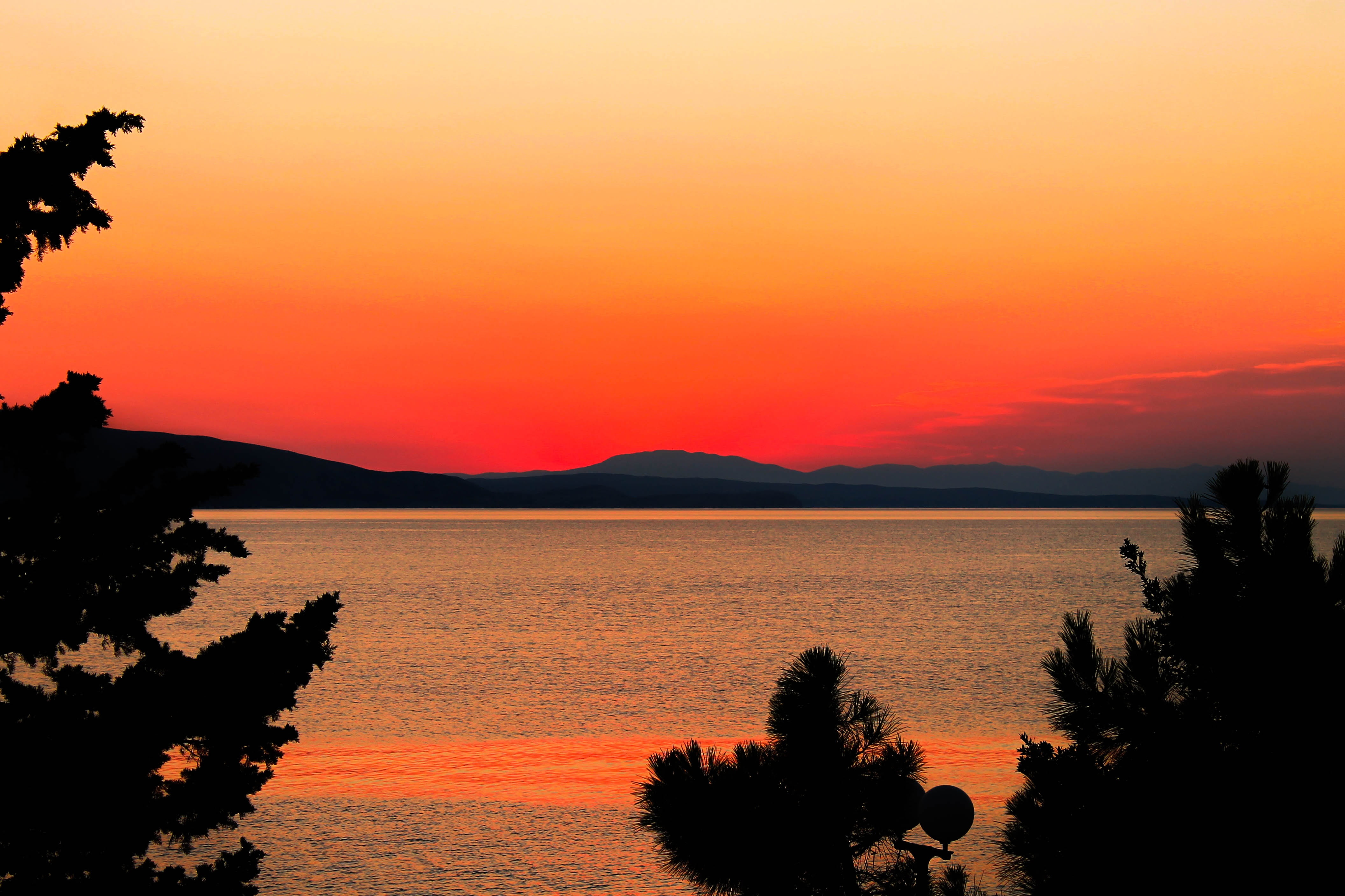 scenics - nature, sky, trees, photography, no people, beauty in nature, sunset, tranquility, noontime, orange color, outdoors, idyllic, nature, horizon over water, HD Wallpaper