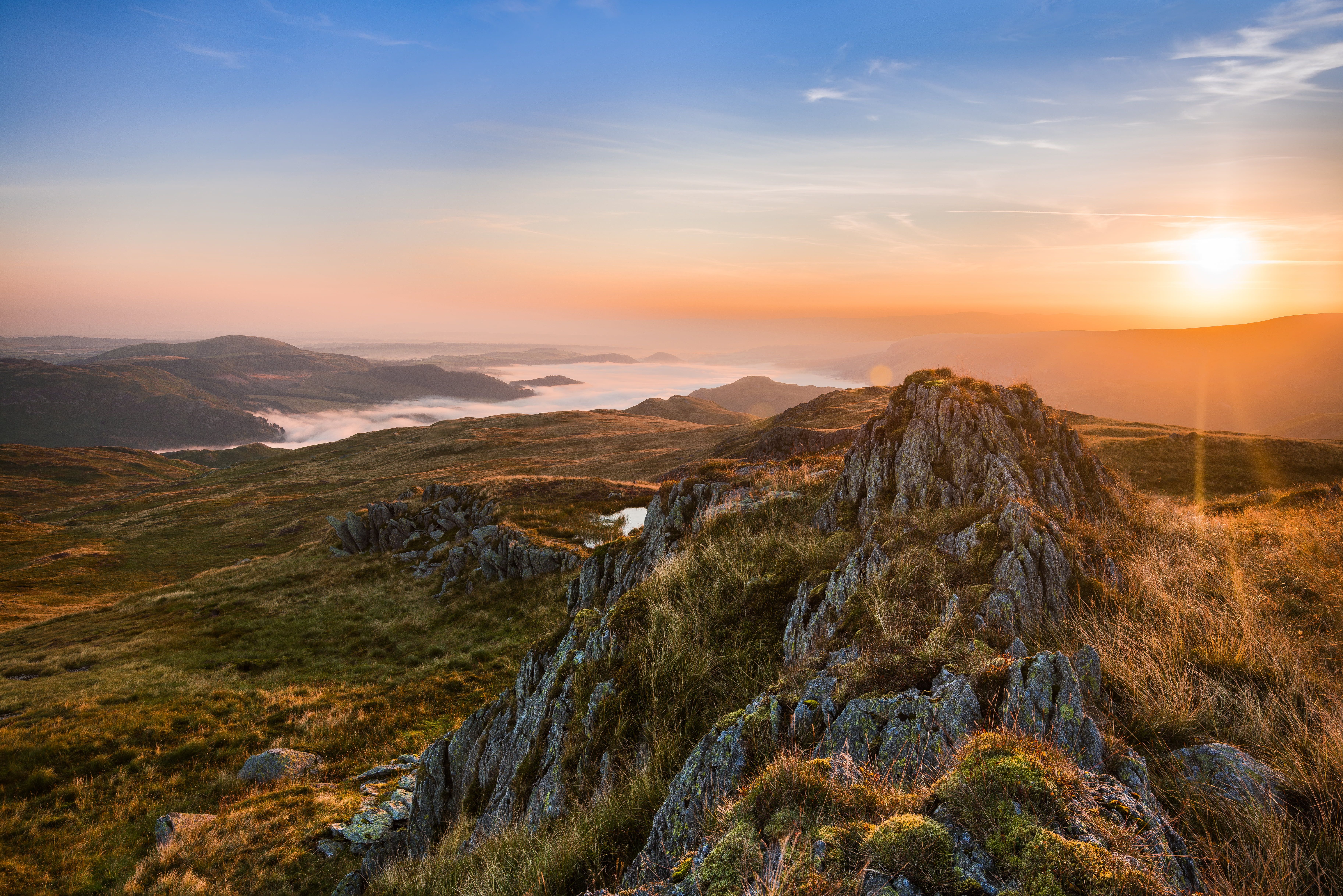 landscape, clouds, sunlight, 5K, photography, blue  orange, rocks, hill, sun, mountain Peak, cumbria, sunrise - Dawn, lake district, ngc, noontim, cloud, HD Wallpaper
