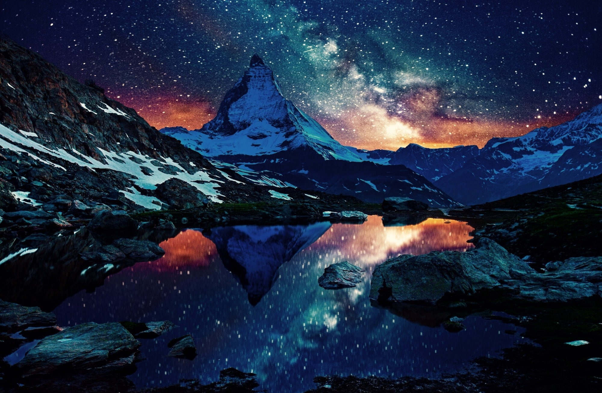 space, snowcapped mountain, no people, milky way, amazing, galaxy, mountain, aero, mountain peak, 1080P, idyllic, Europe, tranquility, star - space, beauty in nature, HD Wallpaper
