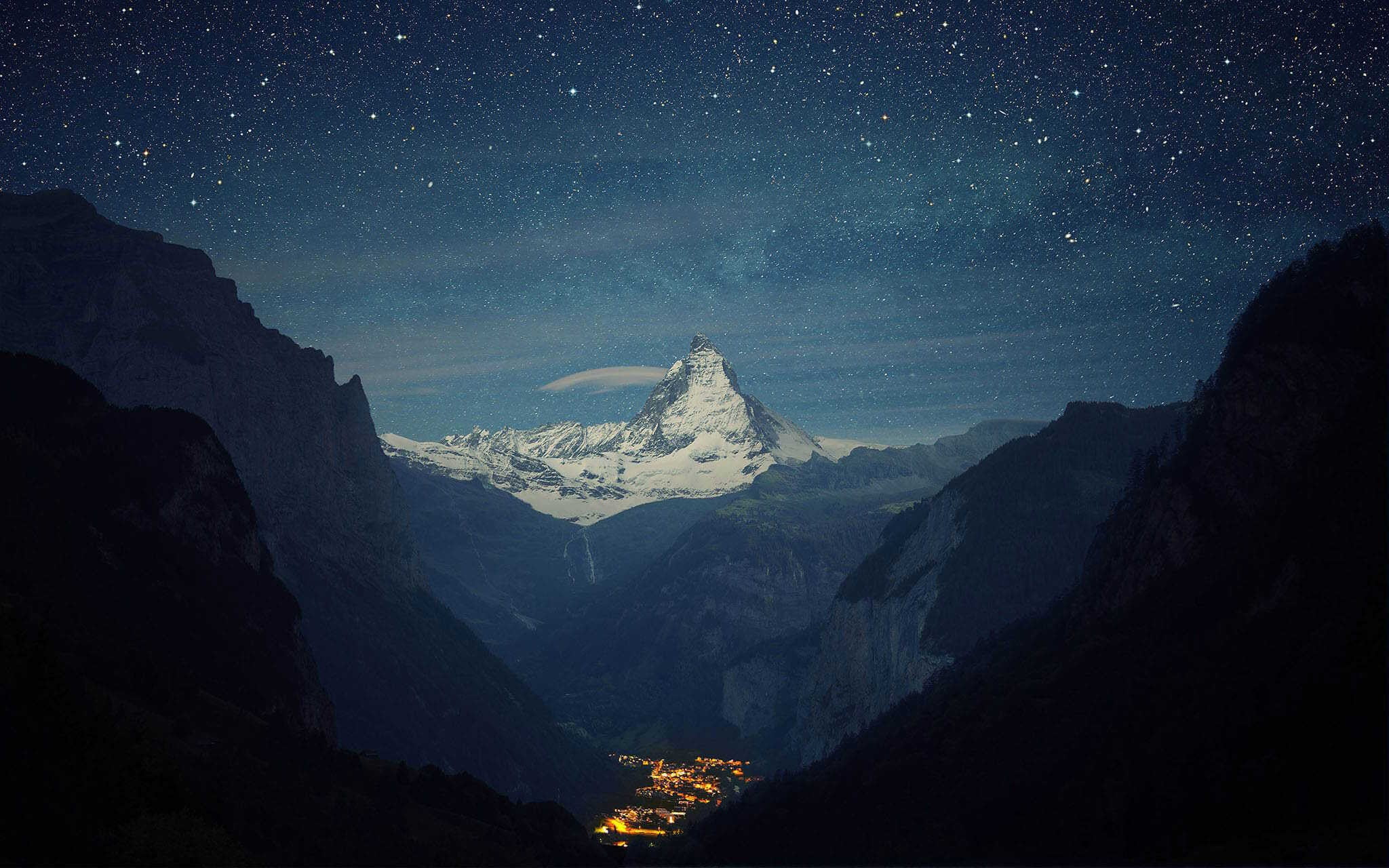 mountain, 1080P, solid, covered, mountain range, scenics - nature, white, yellow, star, stars, snow, environment, sky, snowcapped mountain, nature, landscape, HD Wallpaper