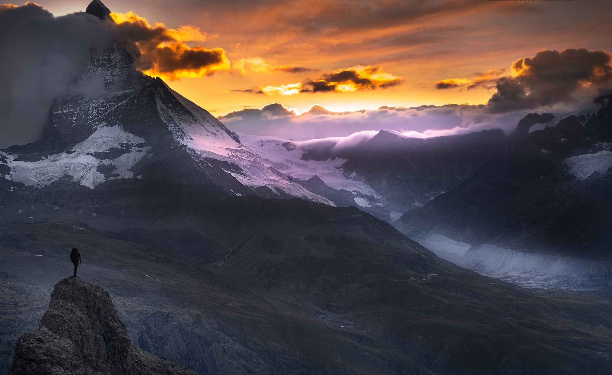 beauty in nature, mountain peak, Switzerland, scenics - nature, snowcapped mountain, mountain range, winter, sunset, sky, one person, Matterhorn, leisure activity, HD Wallpaper