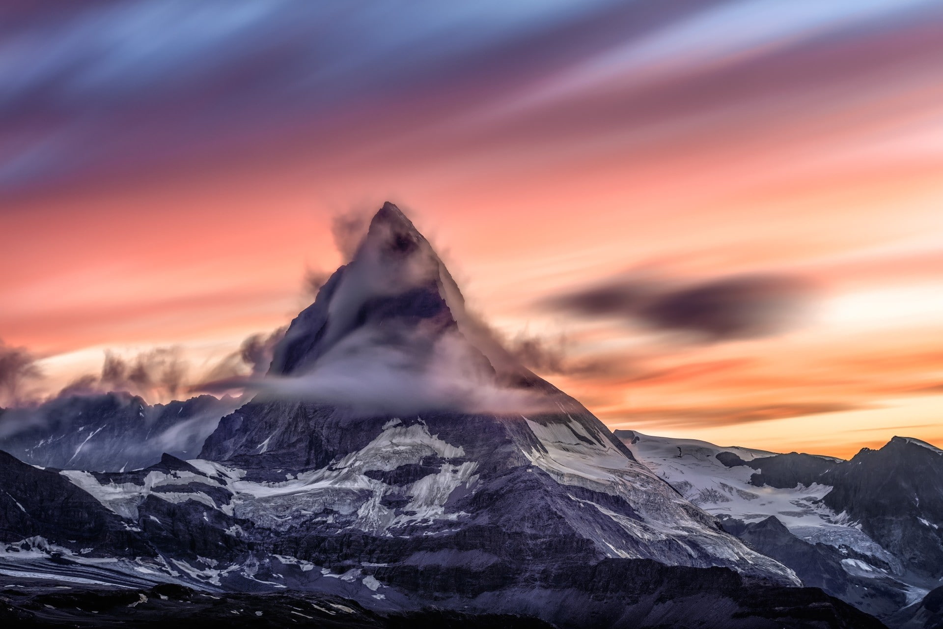 Switzerland, iceberg, nature, 1080P, long exposure, sunset, black, Matterhorn, mountains, HD Wallpaper