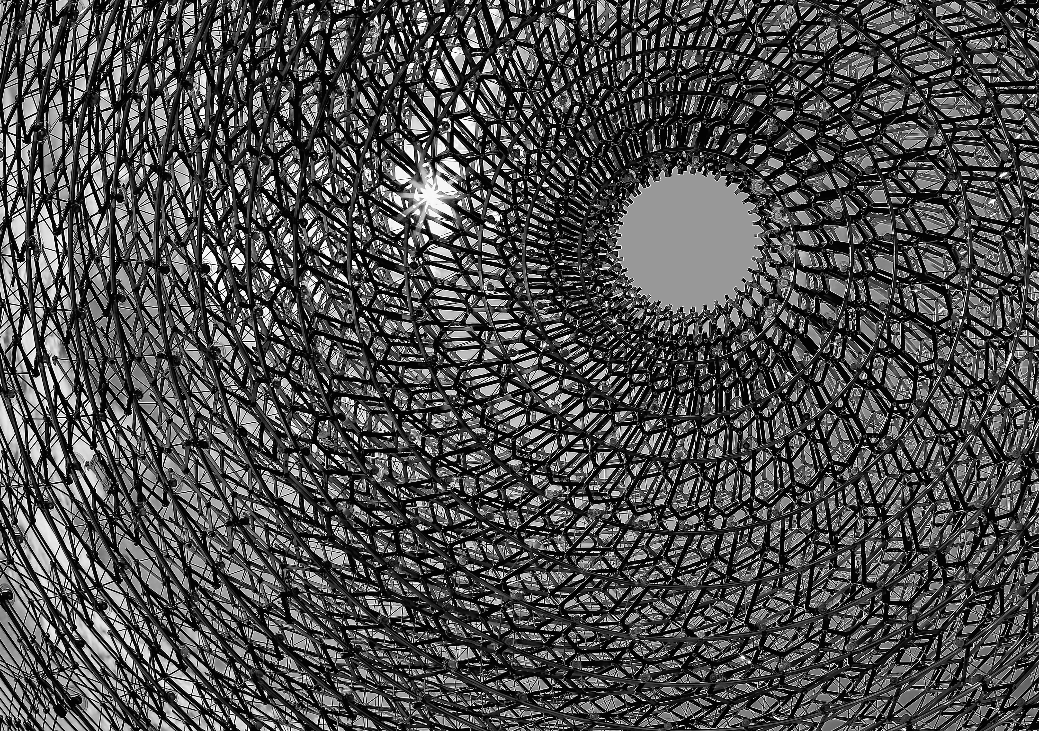 low angle view, backgrounds, circle, shape, creativity, no people, grayscale, close-up, photo, 4K, pattern, textured, one animal, architecture, HD Wallpaper
