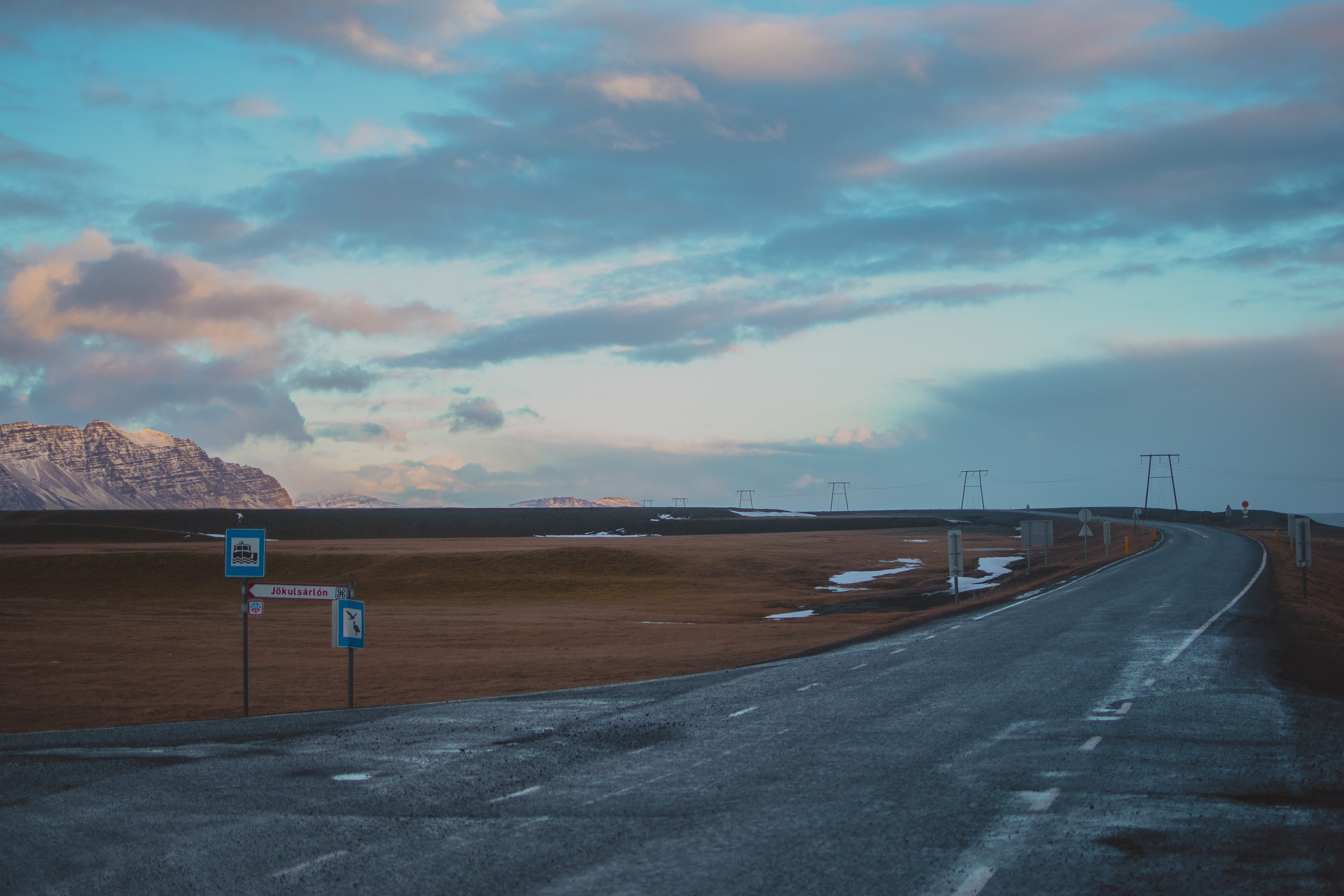 hofn, water, dusk, jokulsarlon, no people, mountain, beautiful, winter, scenery, clouds, sign, beauty, puddles, transportation, nature, sky, direction, HD Wallpaper