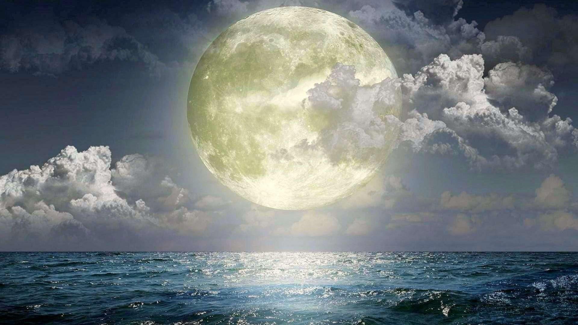 1080P, ocean, cloudy, night sky, full moon, sea, HD Wallpaper