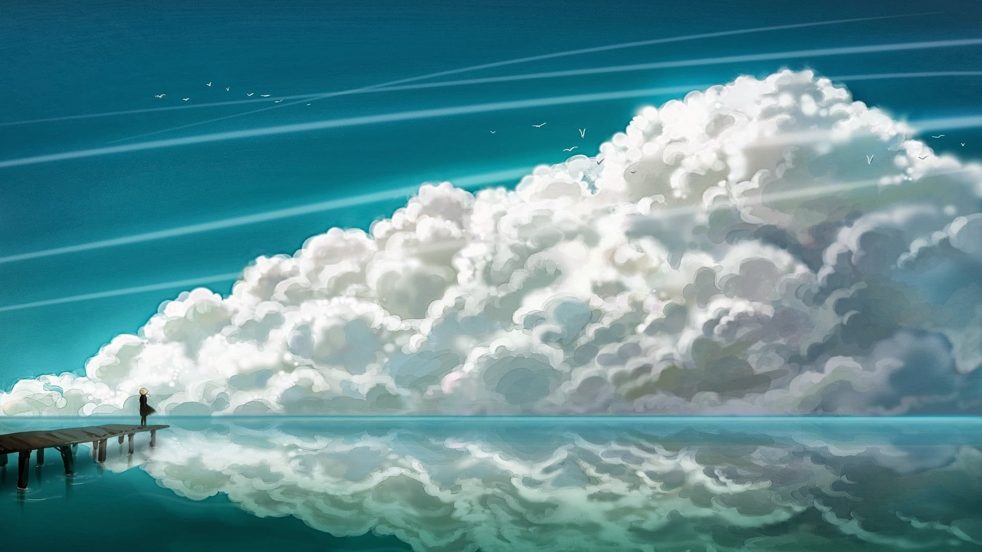 white color, lake, beauty in nature, cloudy, swimming pool, water, reflection, cartoon, sky, heaven, cloud - sky, digital composite, blue, day, 1080P, HD Wallpaper