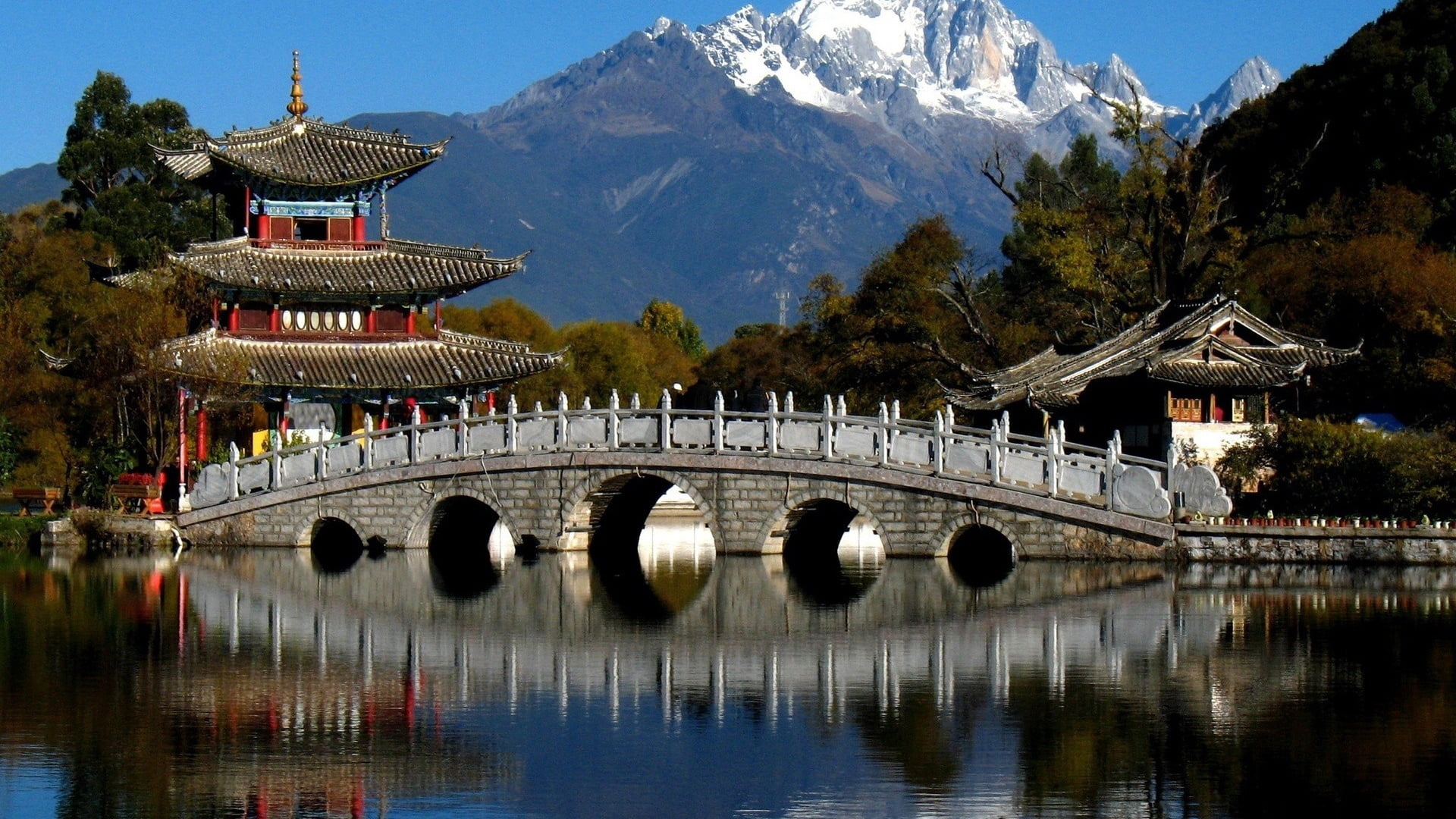 reflection, lake, buddhism, yunnan Province, sky, waterfront, east Asian Culture, famous Place, mountain range, crossing, japan, no people, outdoors, tree, HD Wallpaper