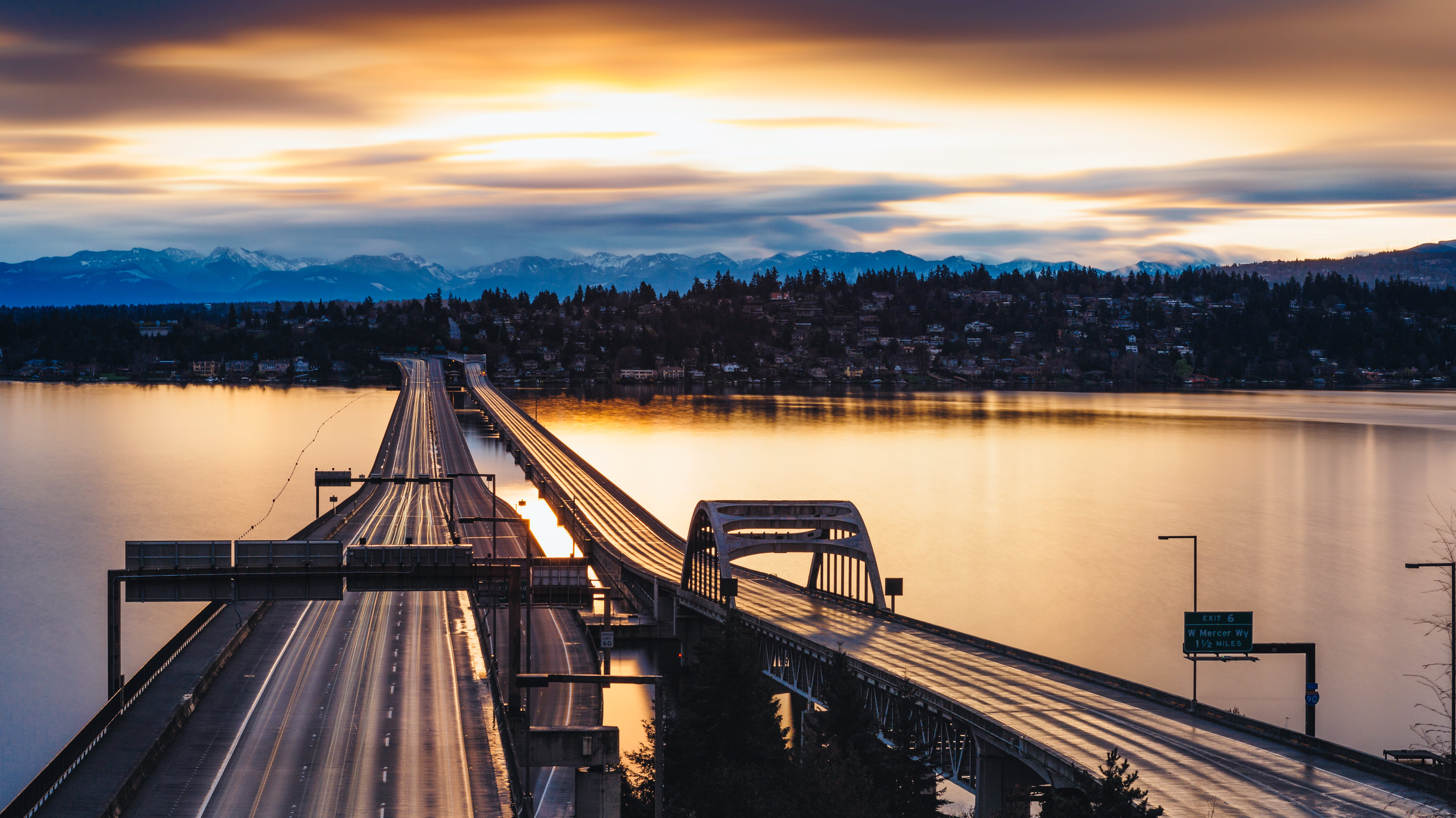 nature, night, lake, sunrise, mountains, concrete, 5K, sunset, bridge, lake washington, river, sky, dusk, near island, Before The Rain, island, near, landscape, HD Wallpaper