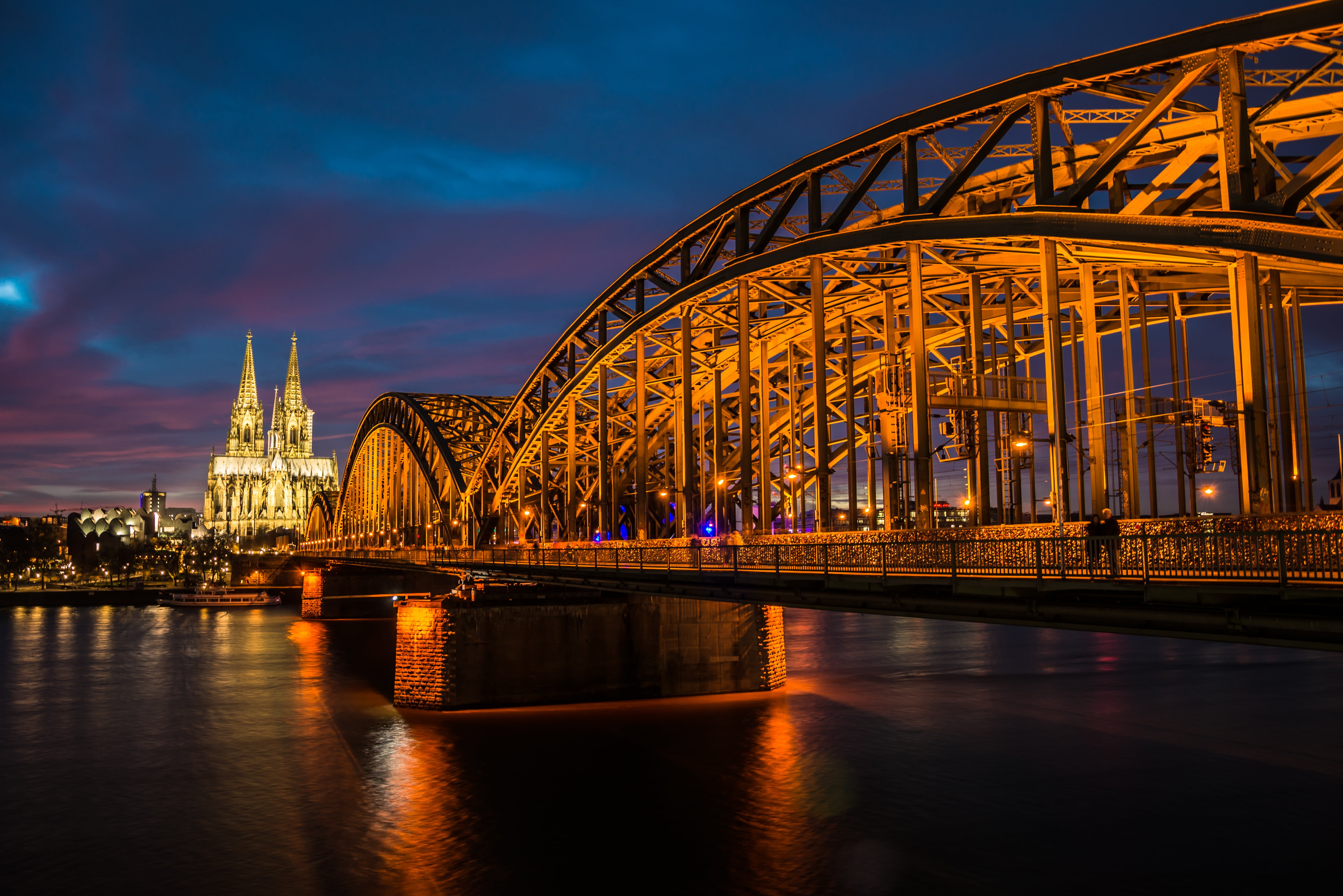 bridge - man made structure, cologne, cloudy, illuminated, religion, connection, river, bridge, reflection, night, water, sky, cathedral, light, outdoors, HD Wallpaper