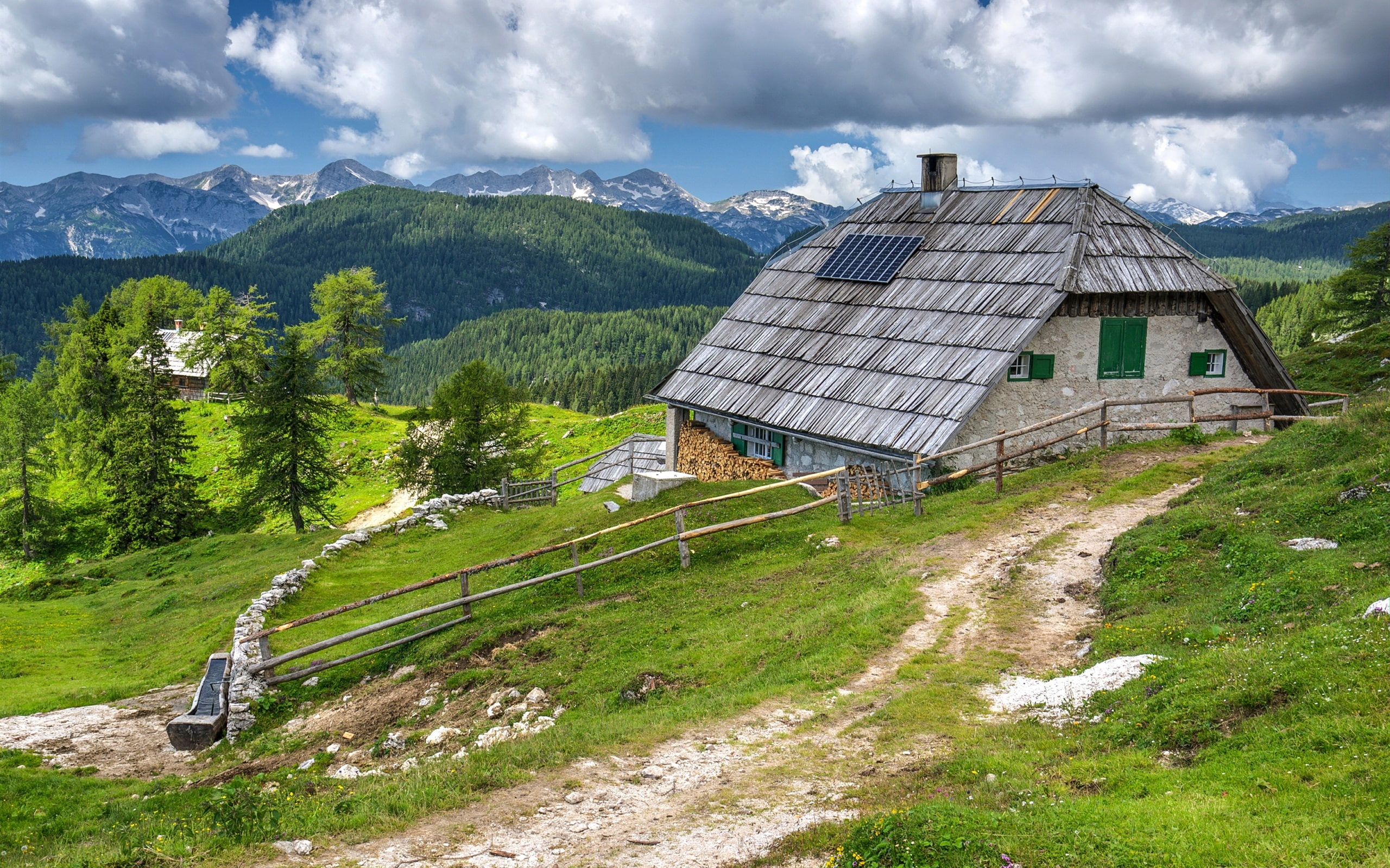 Clouds, House, Slovenia, Path, Fence, Forest, Mountains, Bohinj, 2K, HD Wallpaper