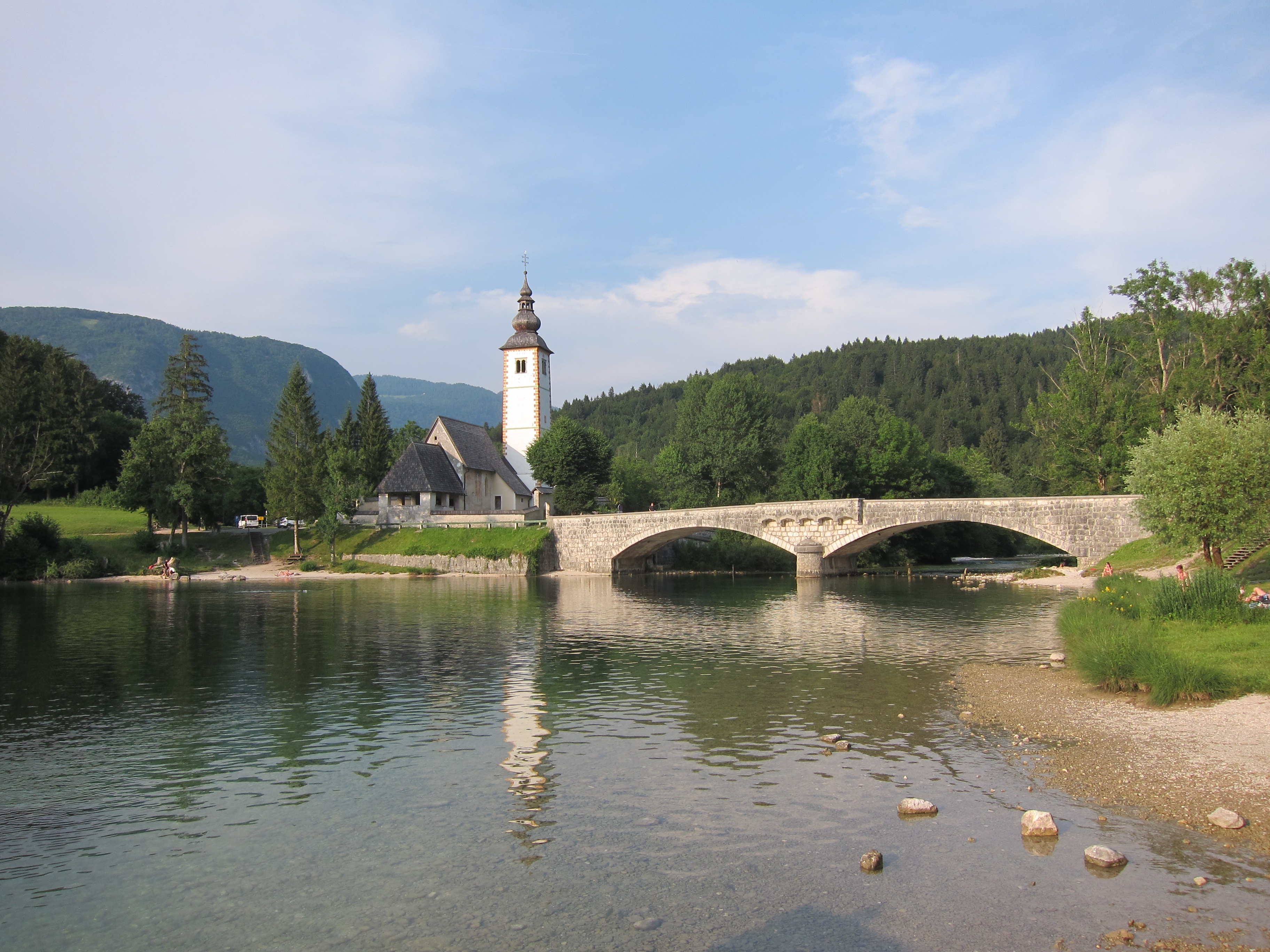 sky, village, river, lake, plant, no people, old town, bohinj lake, building exterior, built structure, krstnika, mountains, water, tree, connection, cloud - sky, HD Wallpaper