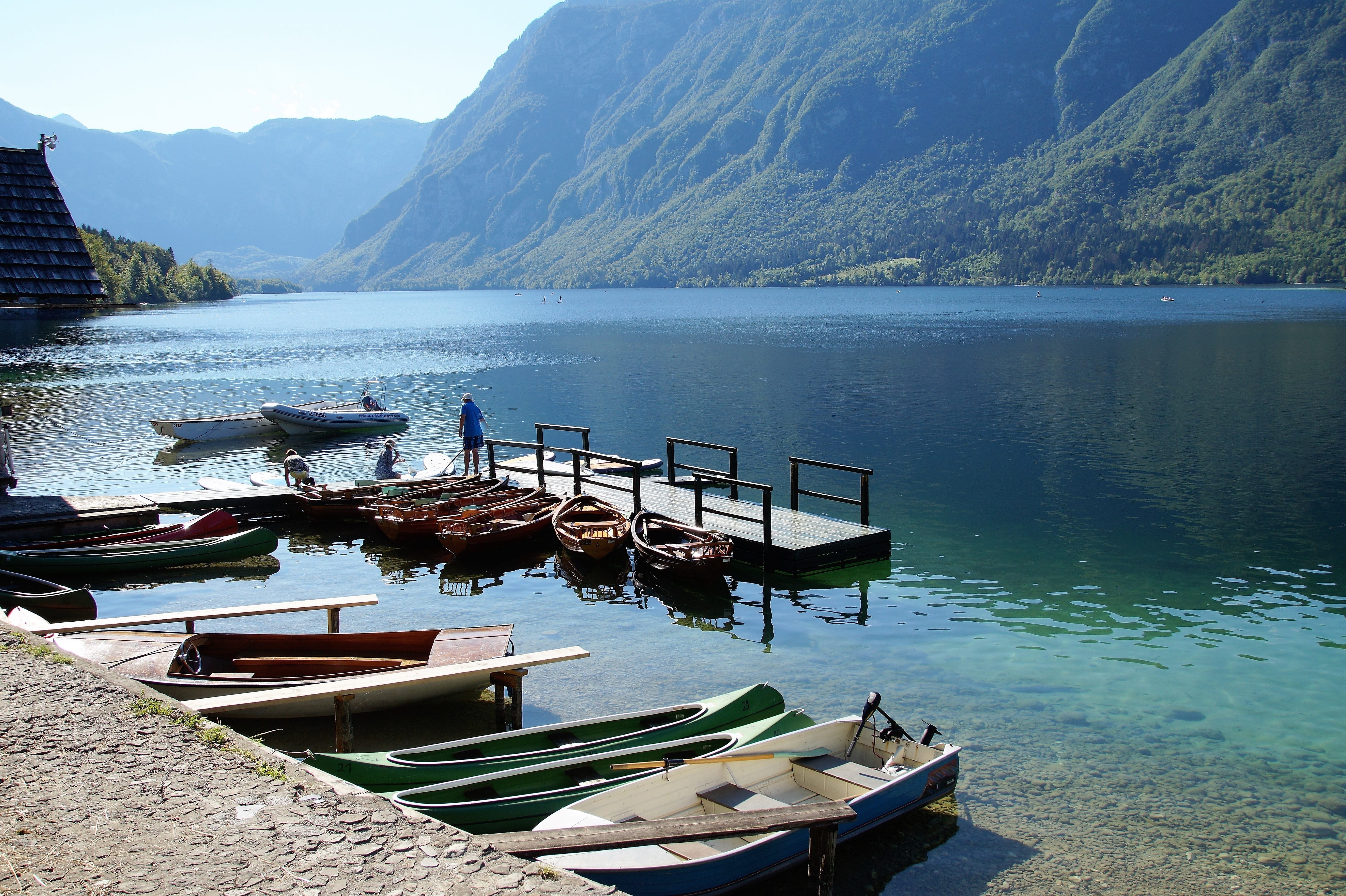 mountain, mode of transportation, slovenia, tourism, boats, mountain range, anchored, no people, nature, water sports, mountain lake, panorama, pier, non-urban scene, HD Wallpaper