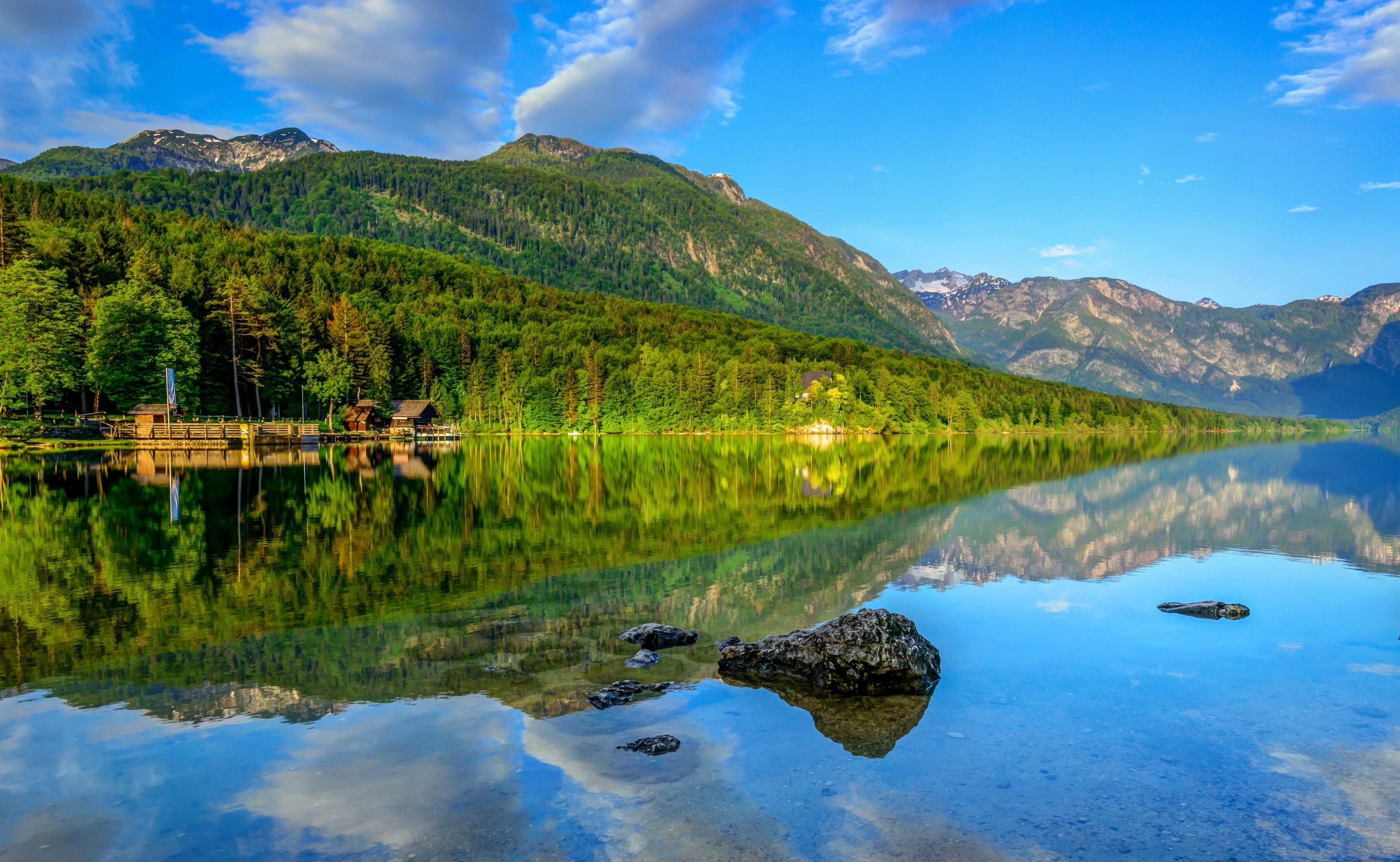 nature, sky, outdoors, tranquility, idyllic, cloud - sky, Slovenia, tranquil scene, non-urban scene, tree, bohinj, 2K, reflection, green color, green, HD Wallpaper