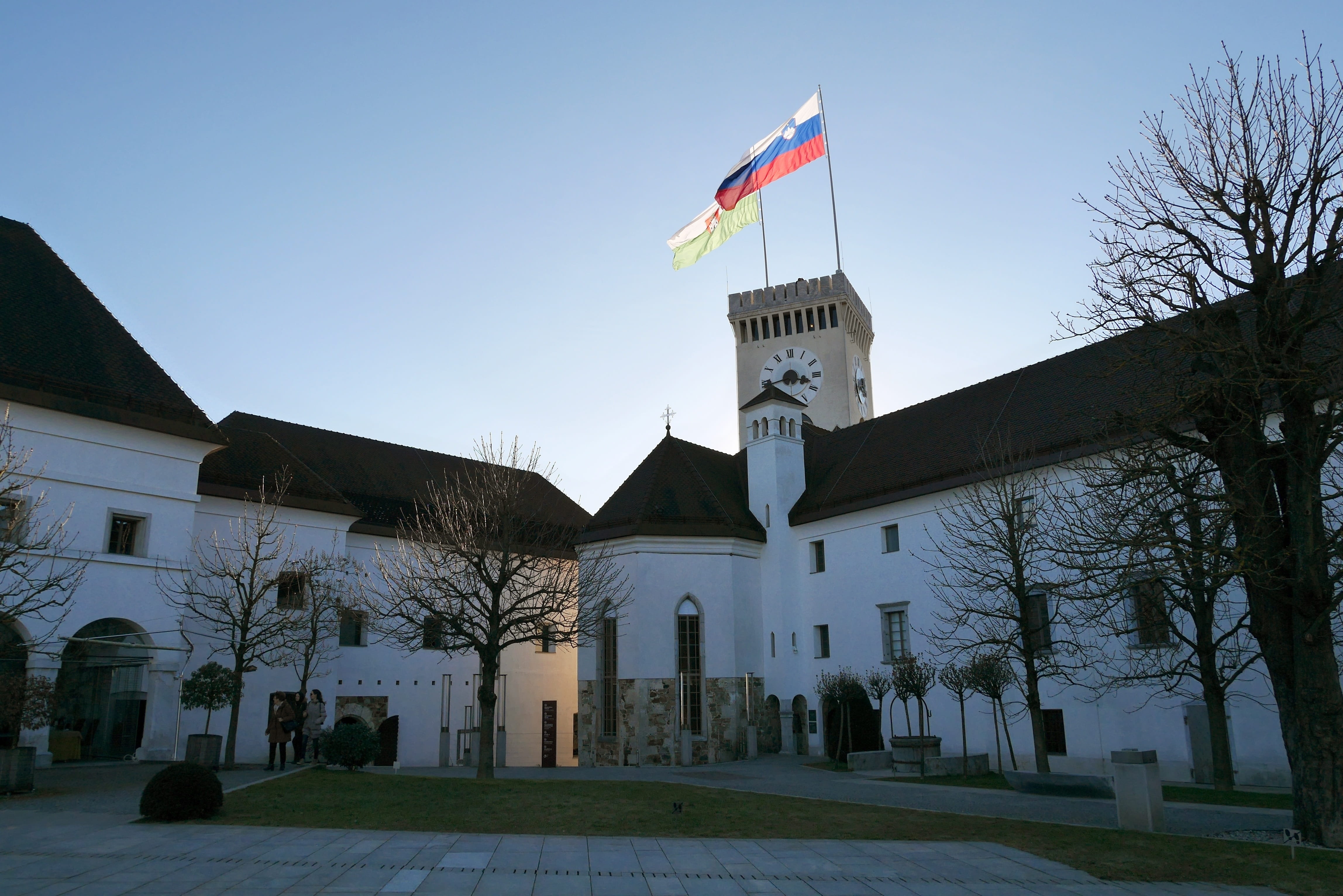 day, religion, castle, outdoors, clear sky, sky, bare tree, plant, slovenia, tree, low angle view, flag, built structure, architecture, nature, building, HD Wallpaper