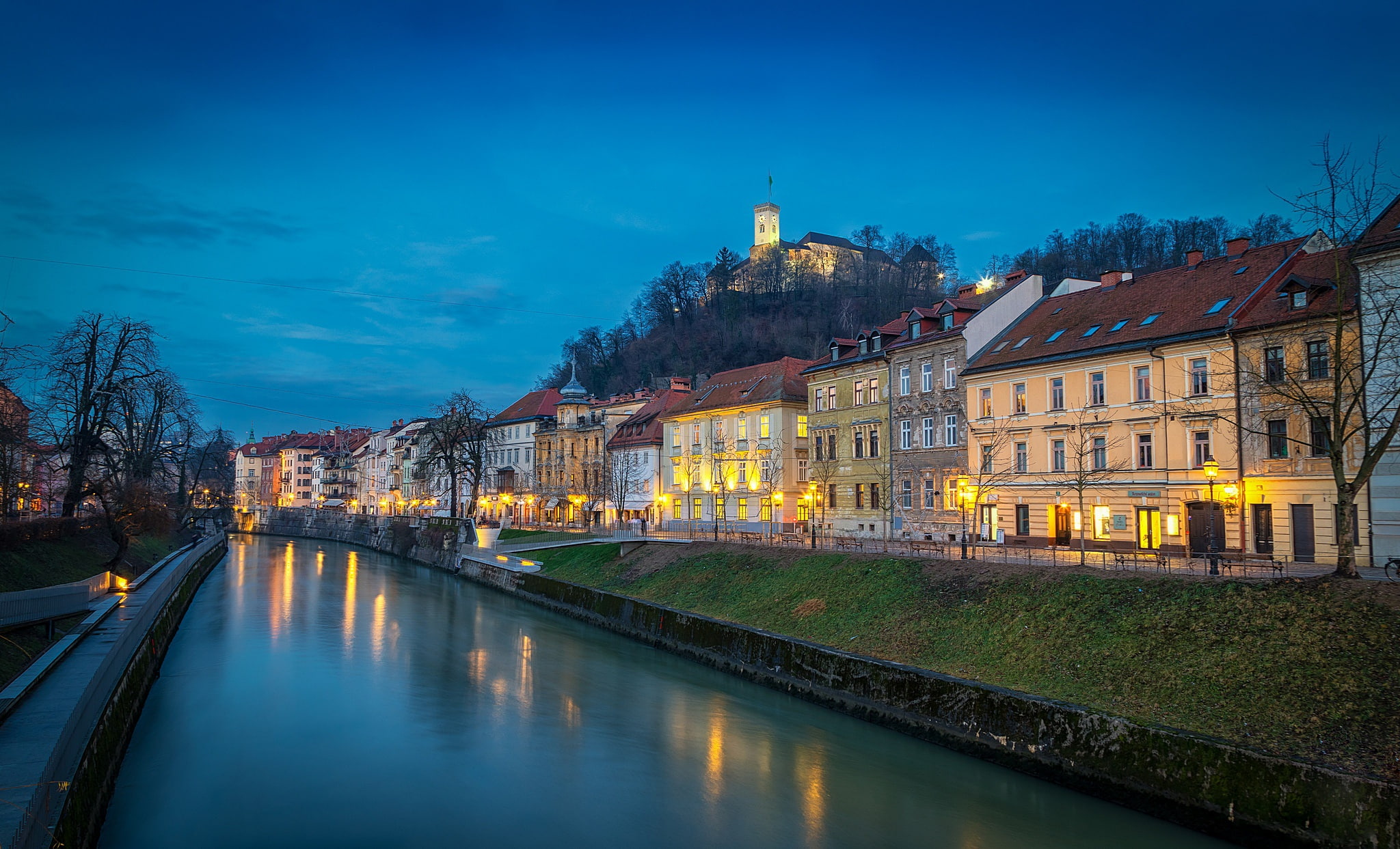 Slovenia, river, the evening, Ljubljana, lights, 1080P, HD Wallpaper