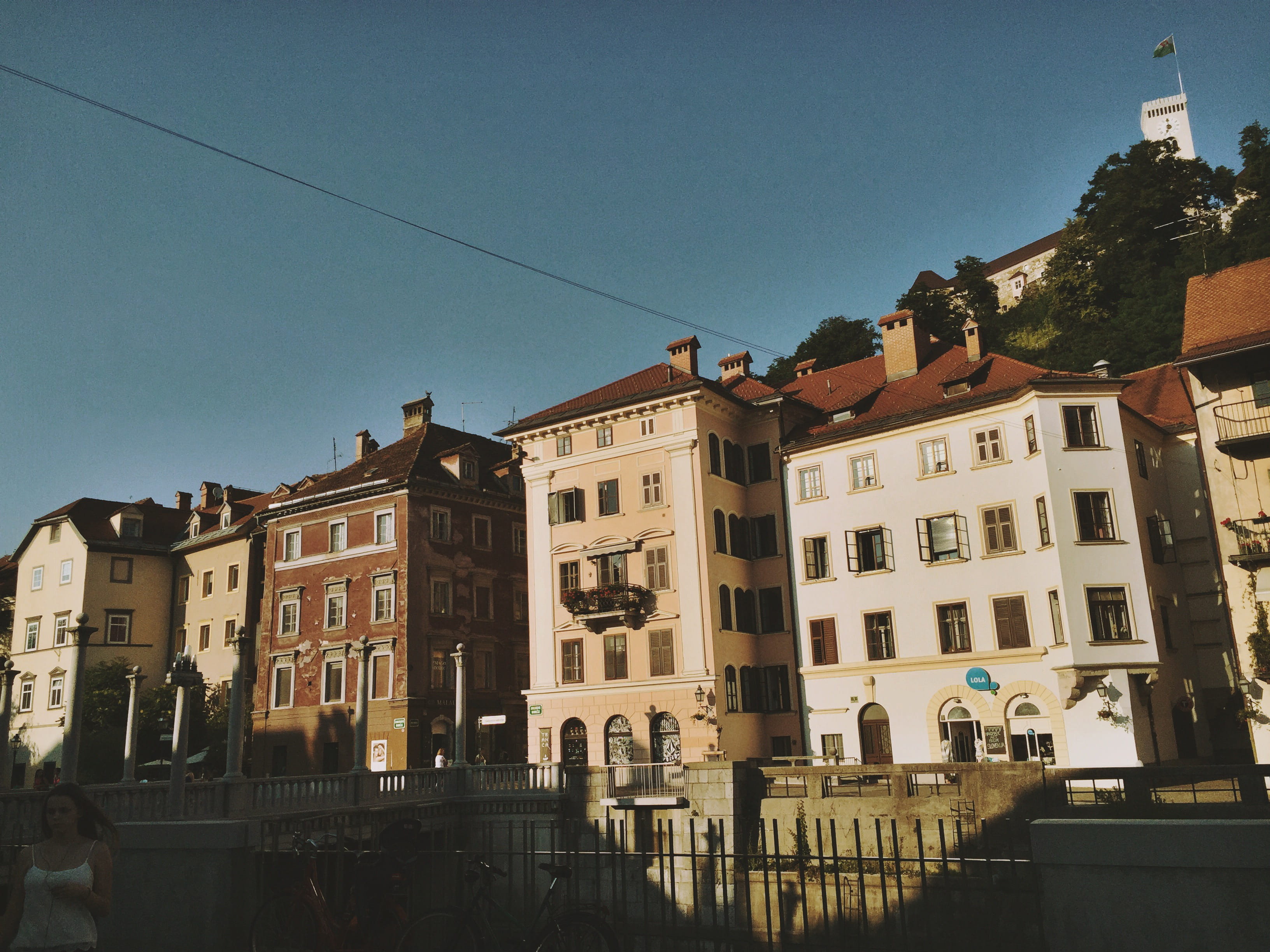 low angle view, city, no people, outdoors, blue, building, sky, ljubljana, nature, clear sky, row house, town, built structure, architecture, reflection, HD Wallpaper