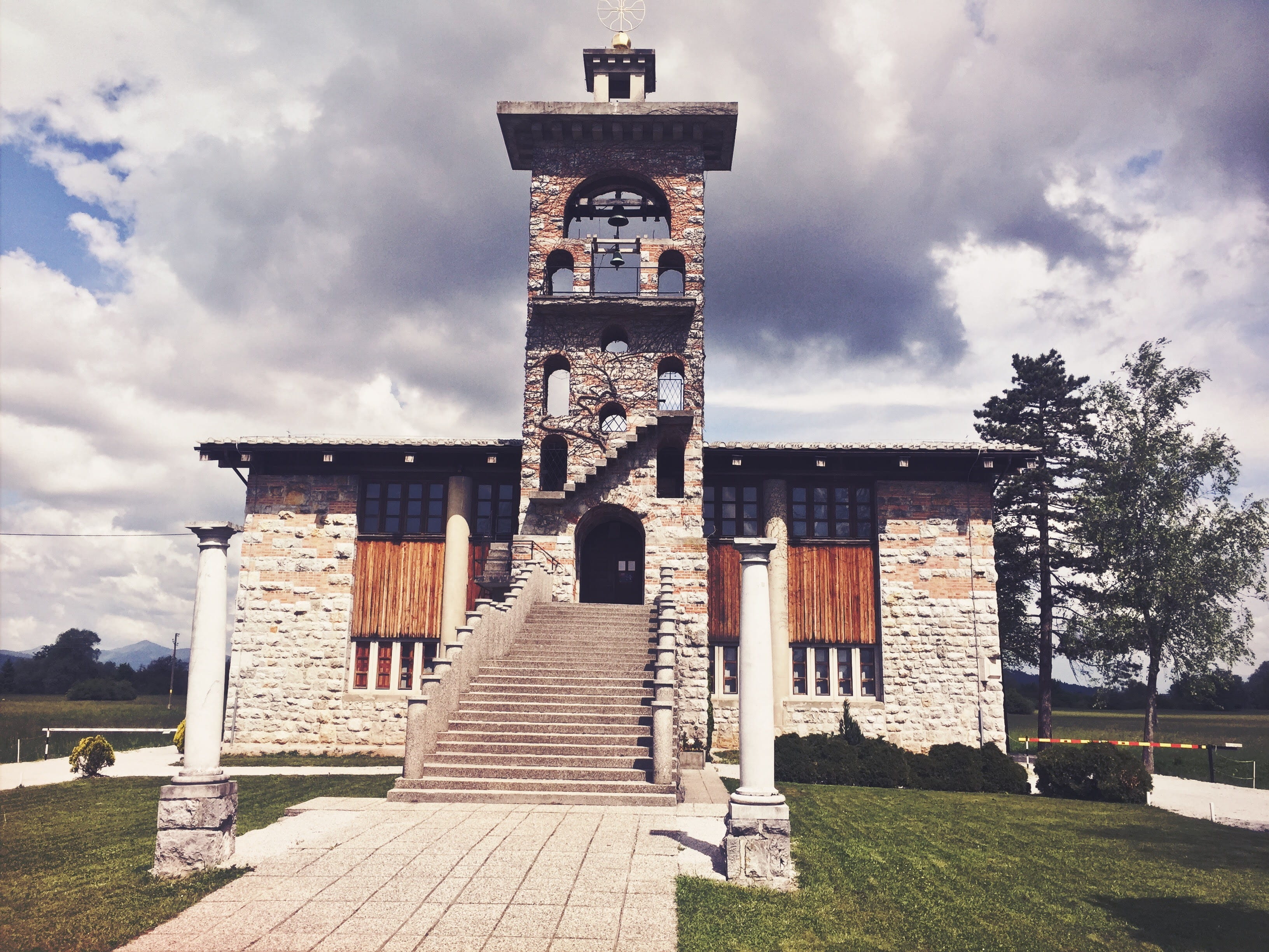 day, building, grass, no people, the way forward, direction, outdoors, ljubljana, sunlight, architecture, 2K, cloud - sky, tower, belief, črna vas, joze plecnik, HD Wallpaper