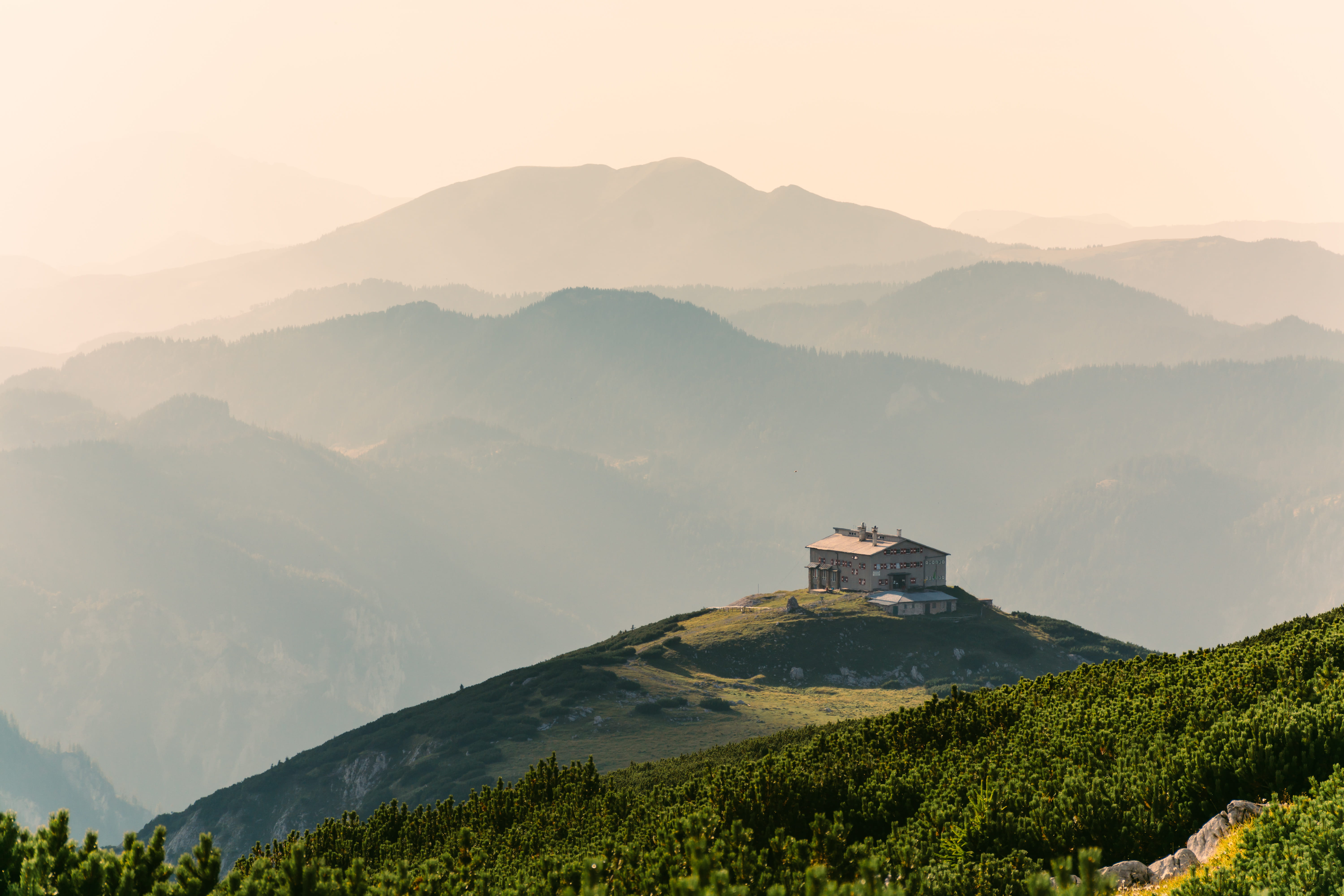 reichenau an der rax, house, sun, architecture, non-urban scene, built structure, hills, nature, hiking, alps, landscape, mountains, scenics - nature, tranquil scene, HD Wallpaper