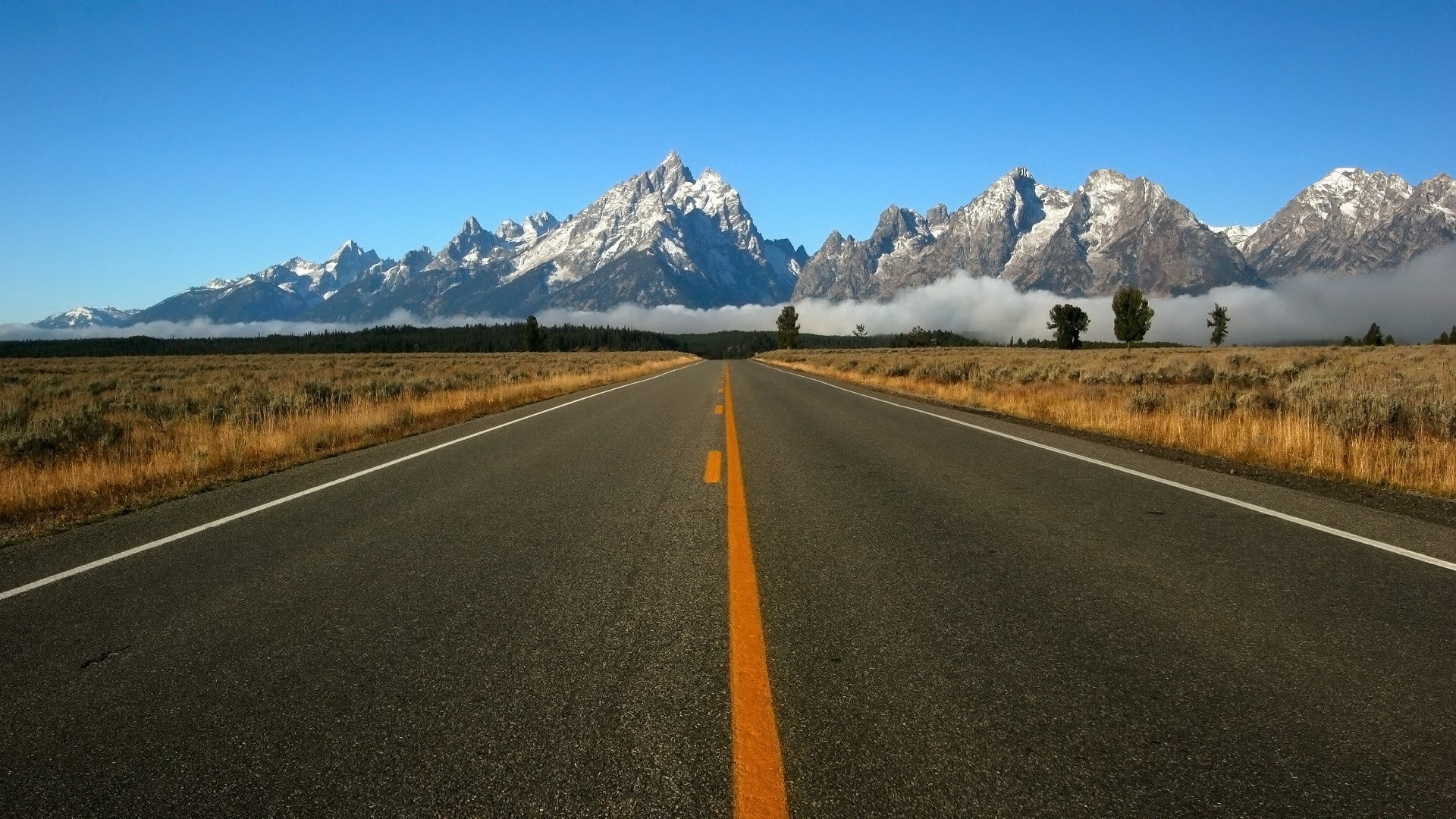 sky, mountain peak, mountain, 1080P, scenics - nature, transportation, winter, direction, environment, road marking, snowcapped mountain, the way forward, HD Wallpaper