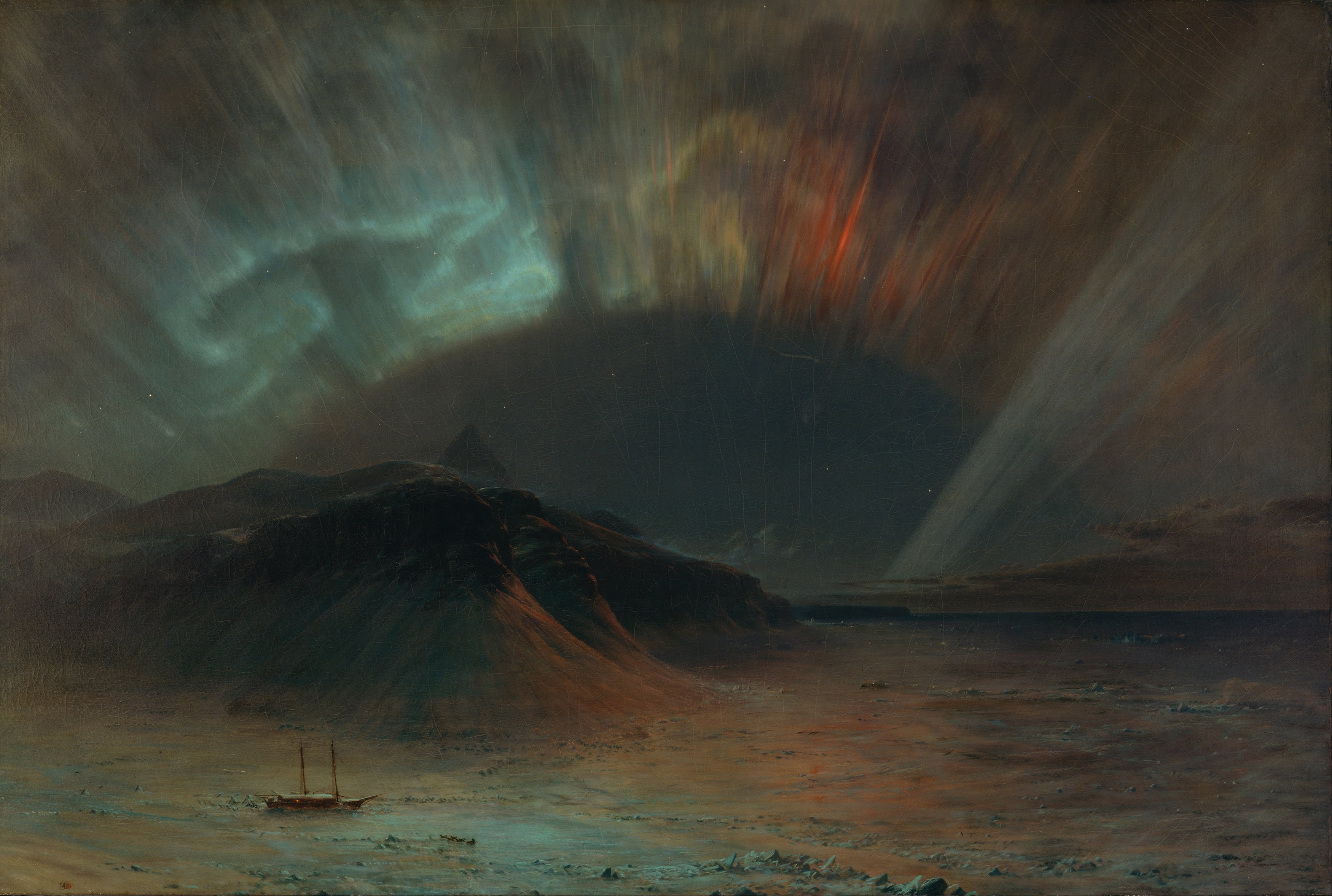 2K, iceberg, classic art, classical art, Frederic Church, aurora  borealis, HD Wallpaper