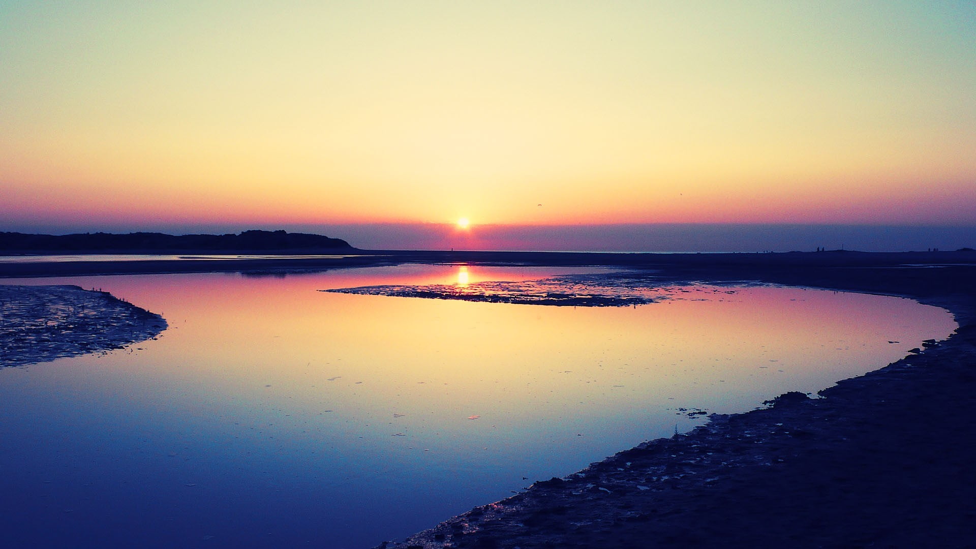land, orange color, nature, 1080P, lagoon, scenics - nature, beauty in nature, idyllic, sunset, sky, sun, tranquil scene, outdoors, no people, coastline, HD Wallpaper