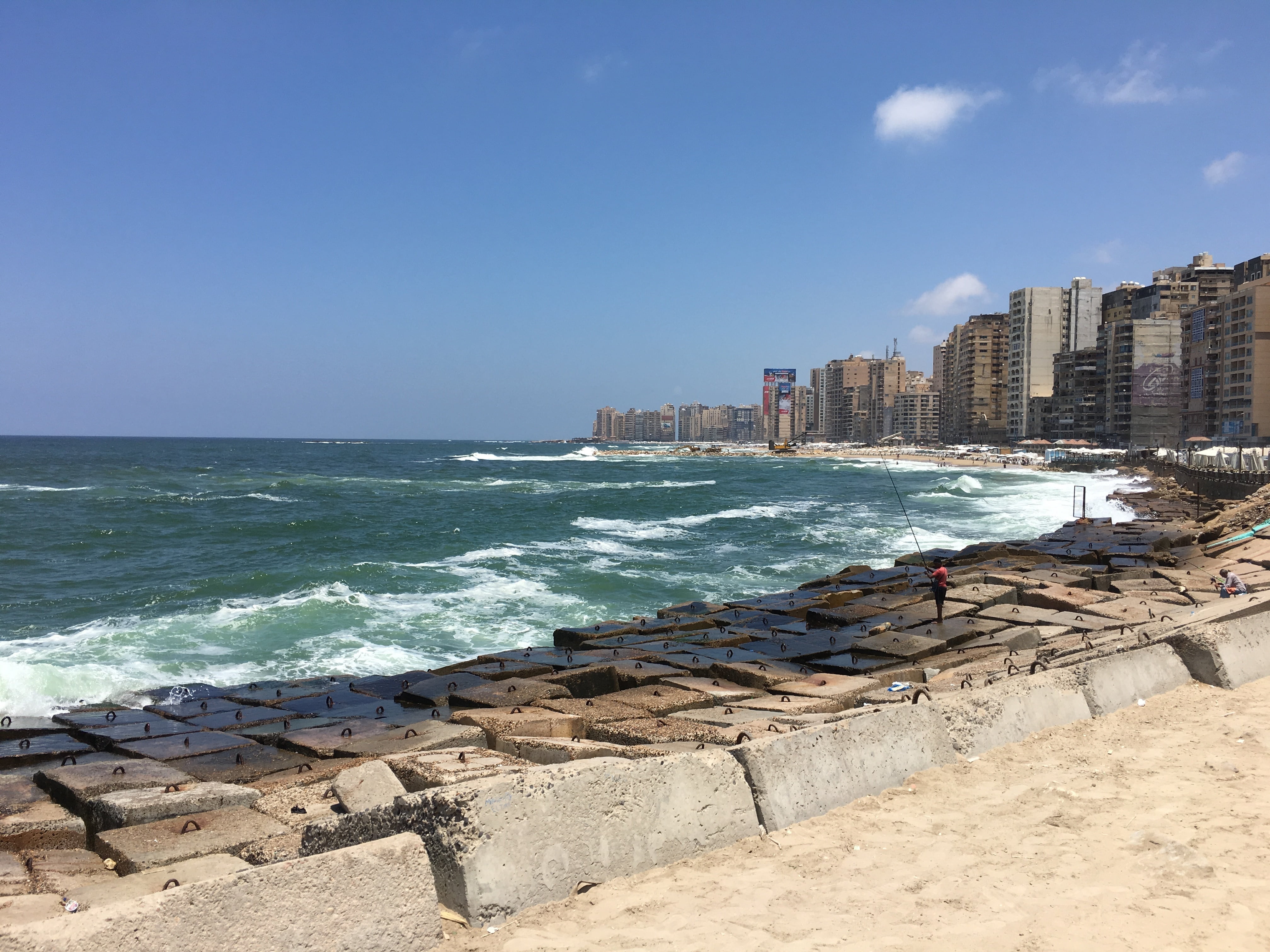 sand, sky, coastline, sea, building, sunlight, alexandria, beach, urban skyline, skyscraper, egypt, horizon over water, water, office building exterior, HD Wallpaper