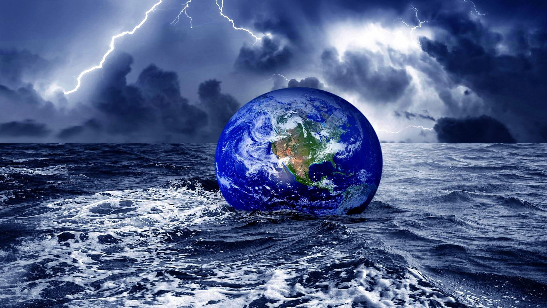 earth, water, floating earth, 1080P, lightning, fantasy, waves, storm, HD Wallpaper