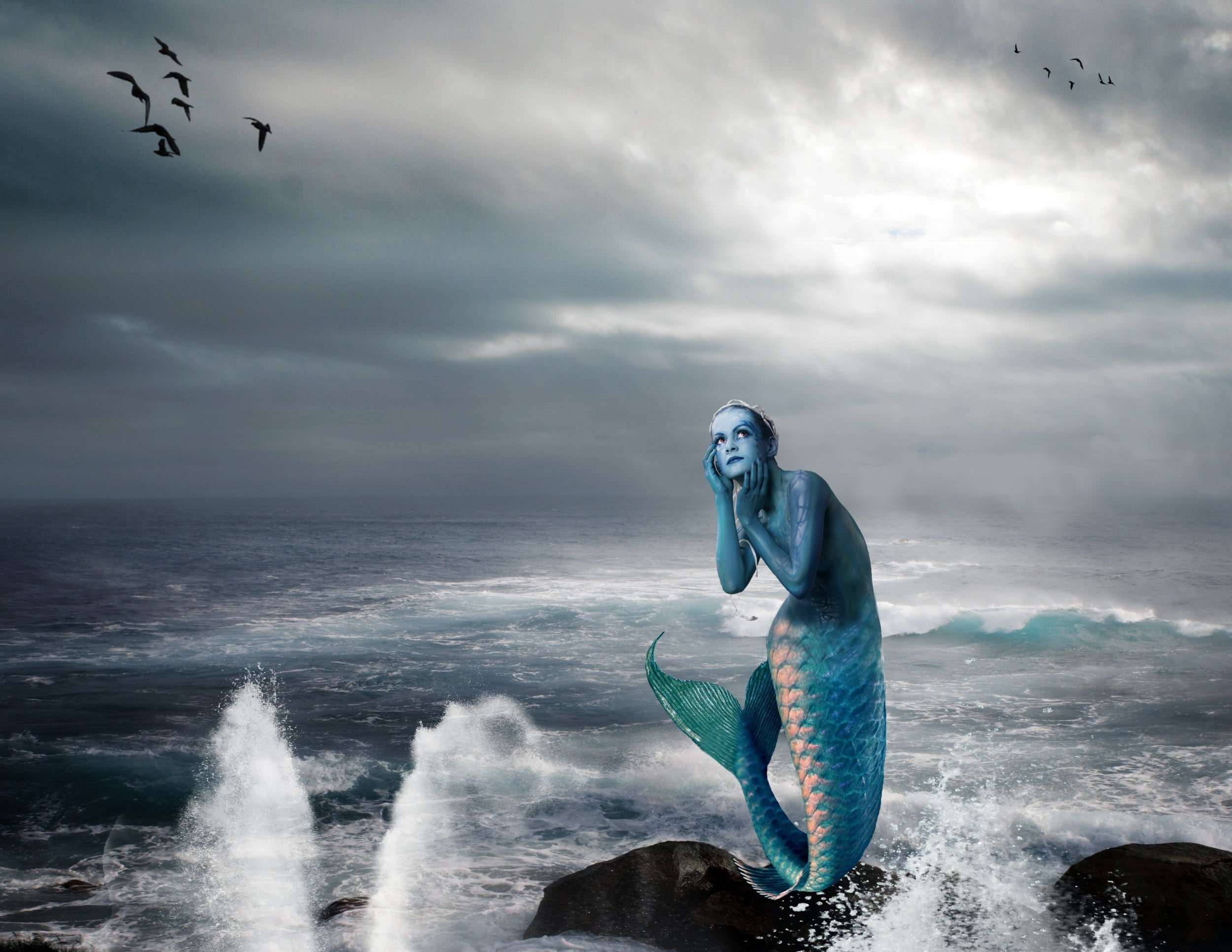 horizon, motion, vertebrate, illustration, bird, mermaid, cloud - sky, sea, sky, beauty in nature, scenics - nature, water, people, day, animals in the wild, HD Wallpaper