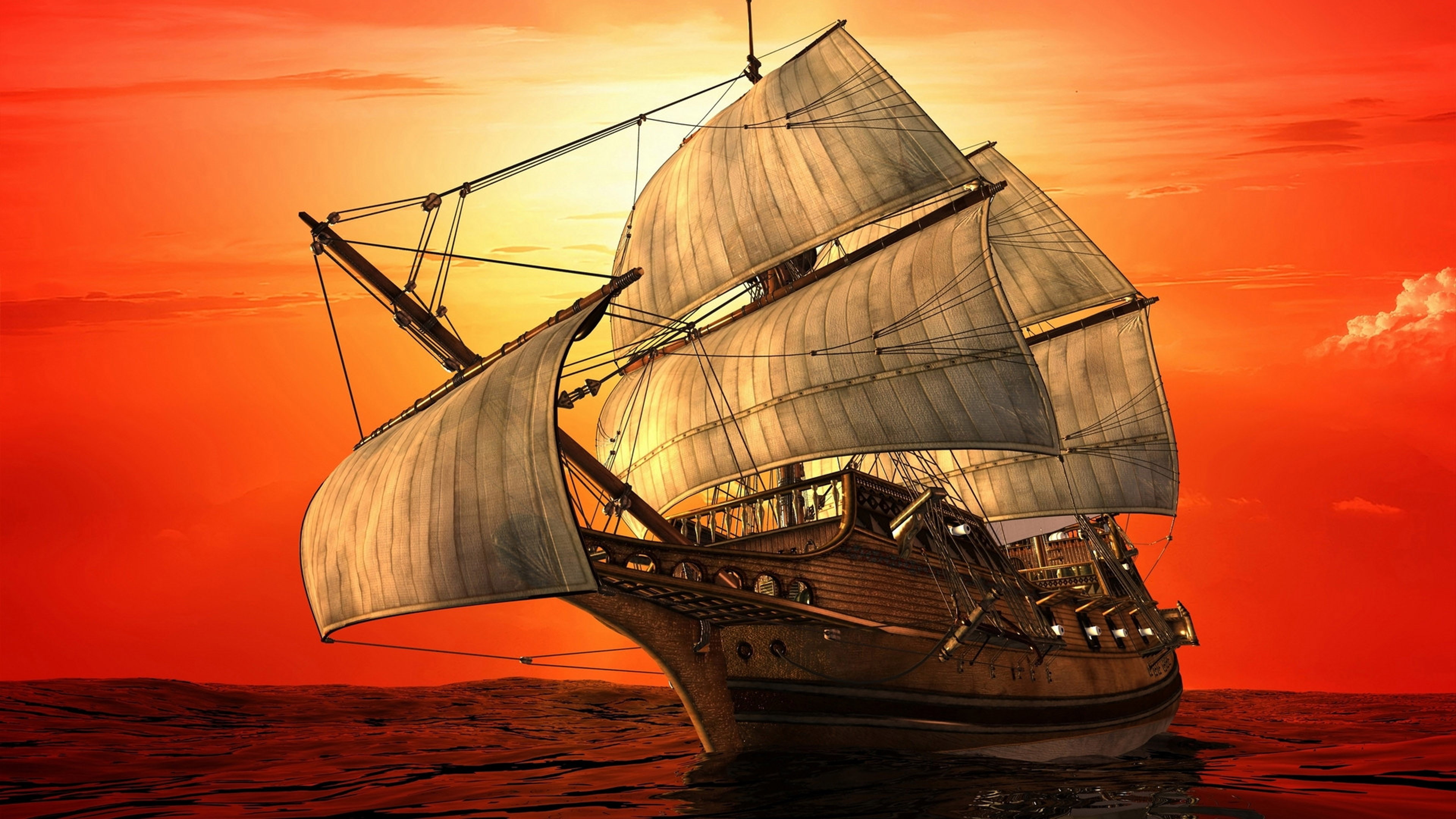 ultra, ship, red, art, k, hd, sails, sea, sunset, sky, 4K, HD Wallpaper