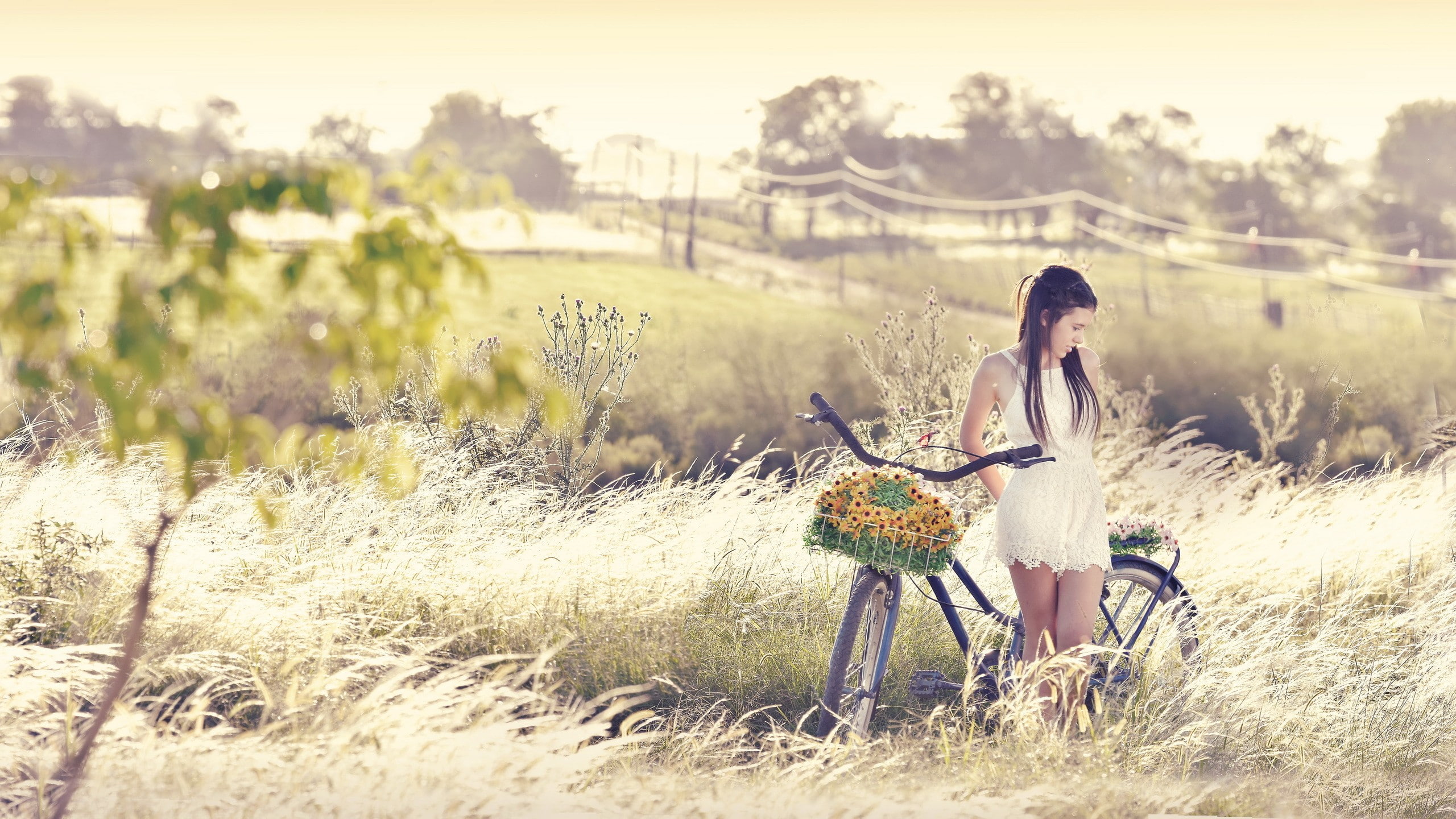 women outdoors, model, 2K, women with bicycles, bicycle, nature, HD Wallpaper