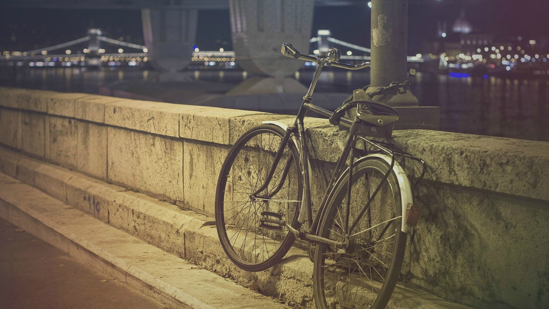 transportation, architecture, land vehicle, night, focus on foreground, built structure, wheel, water, no people, stationary, bicycle rack, travel, railing, HD Wallpaper