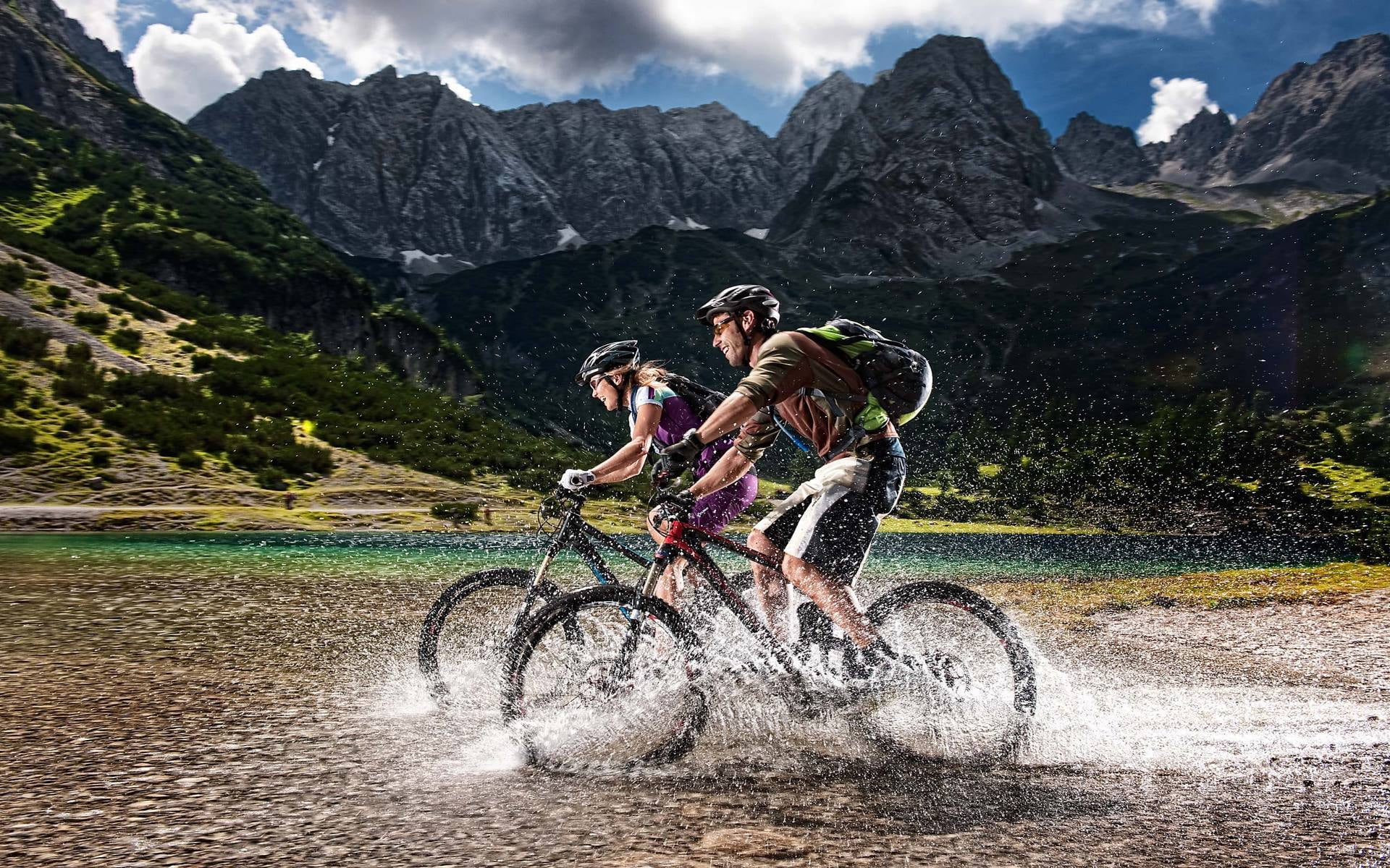 cyclists, adult, males, alps, adventure, two people, competition, beauty in nature, motion, hardtail, recreational Pursuit, cycling, activity, mountain range, HD Wallpaper